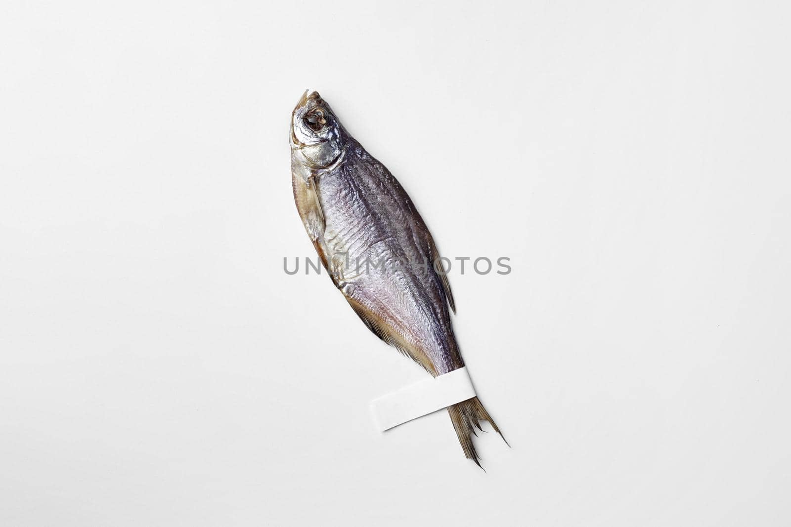 One jerked or dried salted roach fish with label on tail isolated on white background. Traditional way of preserving fish