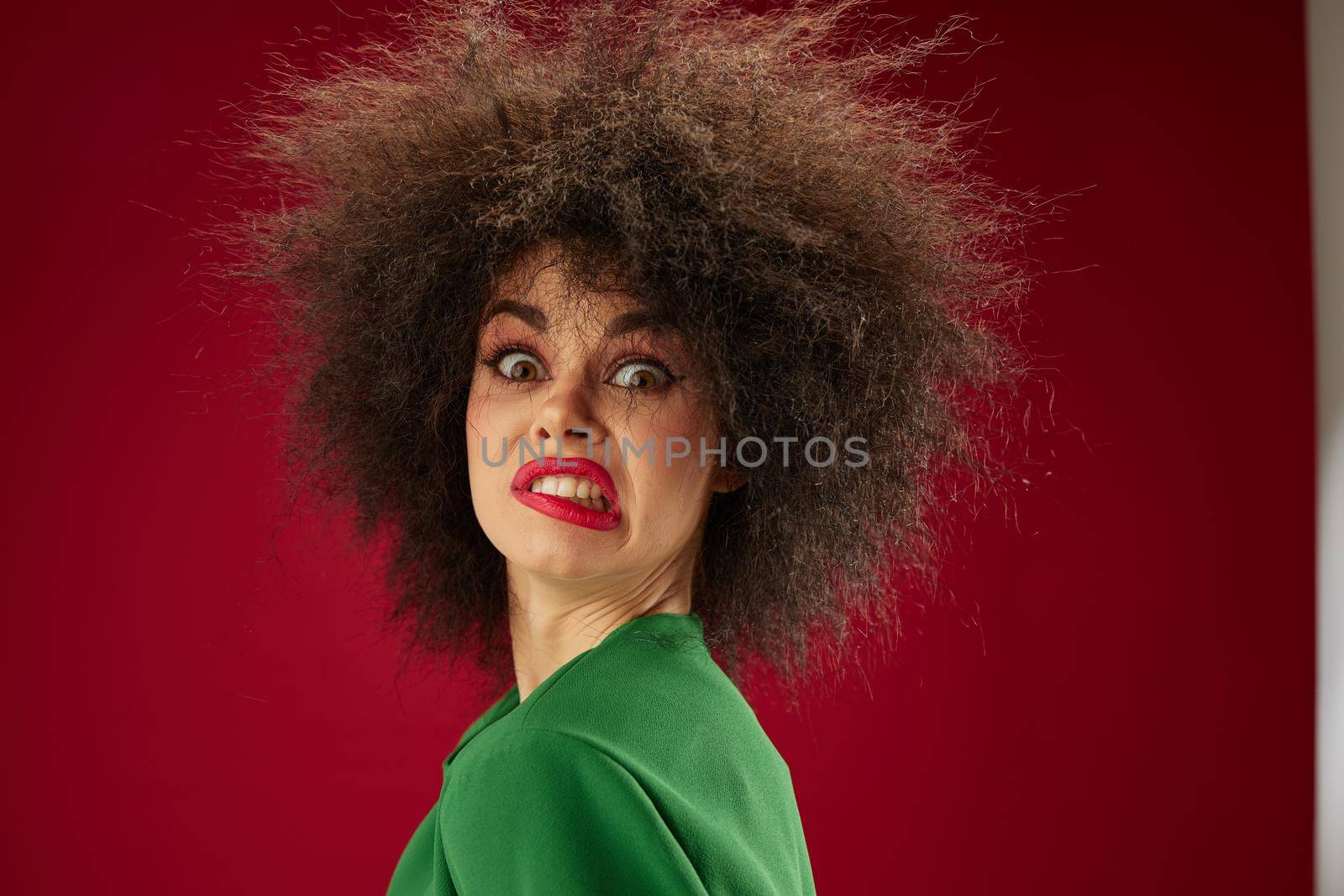 Beauty Fashion woman grimace afro hairstyle red lips fashion color background unaltered by SHOTPRIME