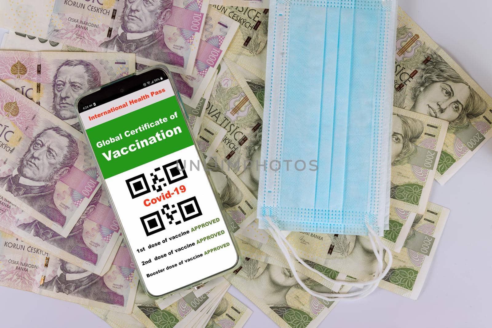 Czech republic with smartphone display on vaccinated COVID-19 coronavirus certificate, immunity vaccine passport of money Czech Koruna banknotes background