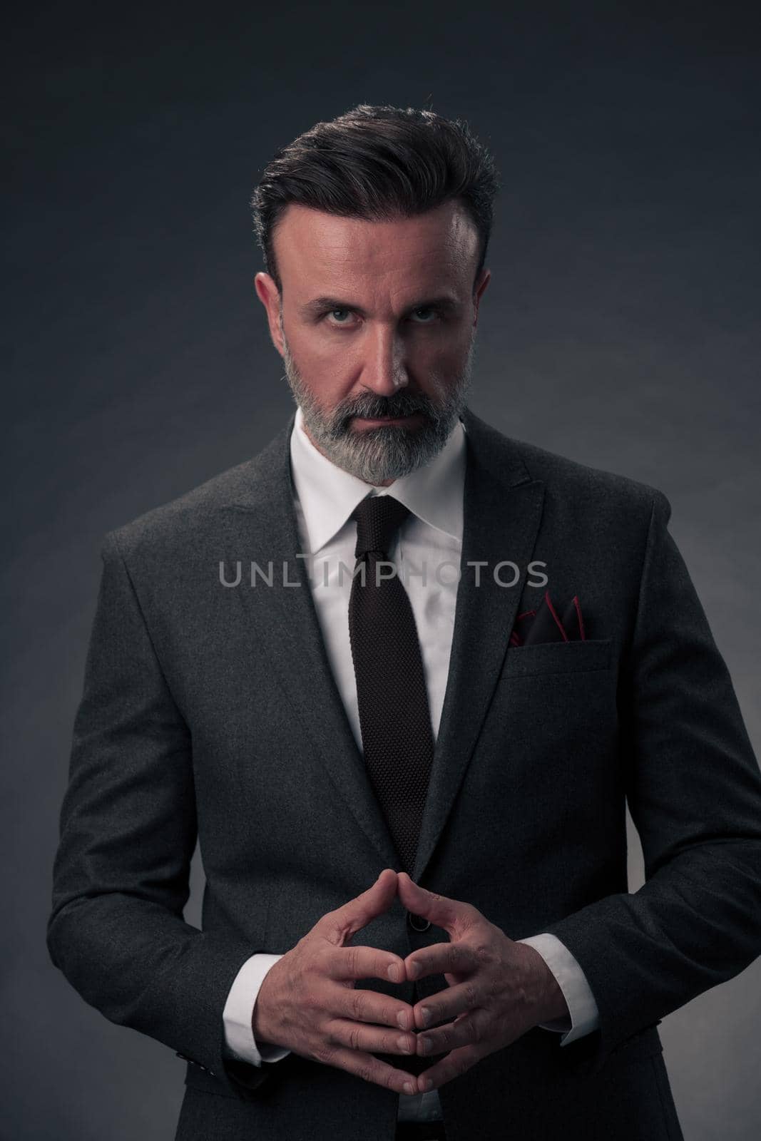 Portrait of a successful stylish elegant senior businessman with a grey beard and casual business clothes confident in photo studio isolated on dark background gesturing with hands. High-quality photo