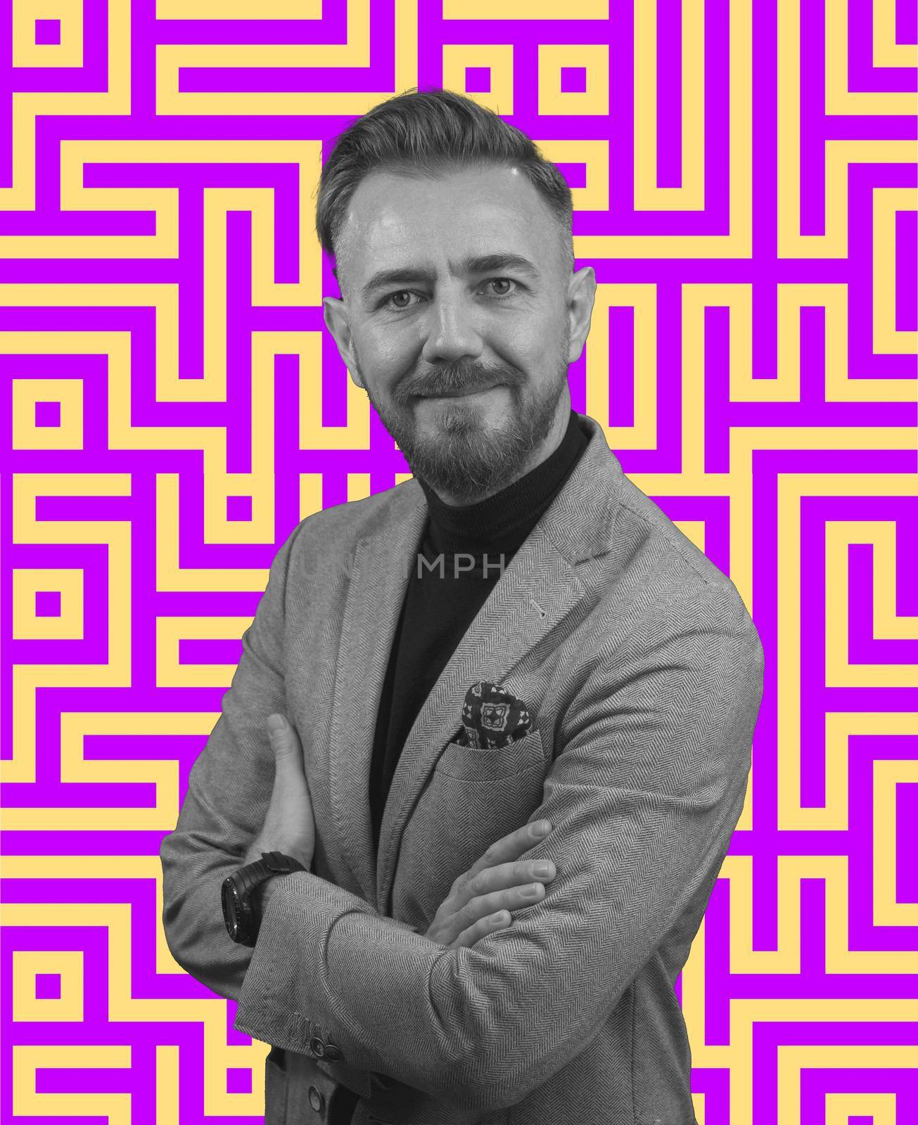 Black and white portrait of a stylish elegant senior businessman with a beard and casual business clothes against retro colorful pattern design background gesturing with hands by dotshock