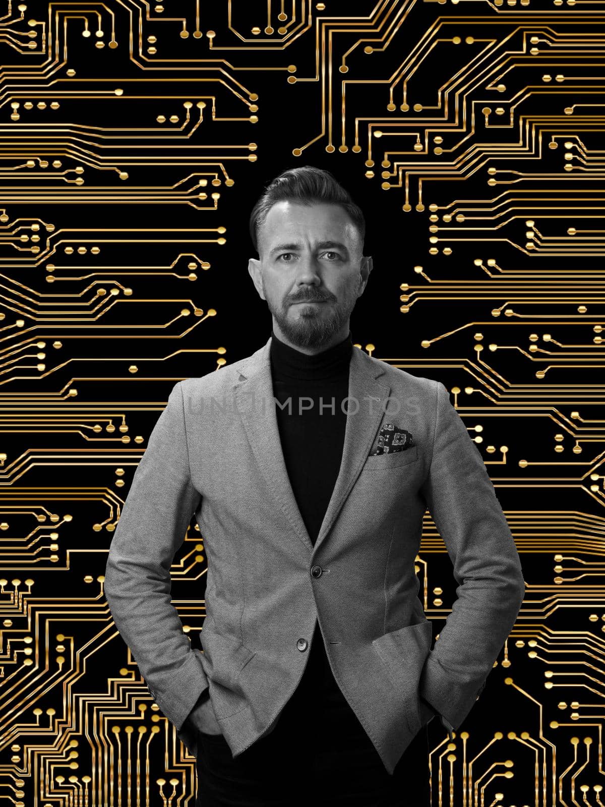 Black and white hero portrait of a elegant senior businessman with a beard and casual business clothes against cryptocurrency blockchain technology pattern design background gesturing with hands by dotshock