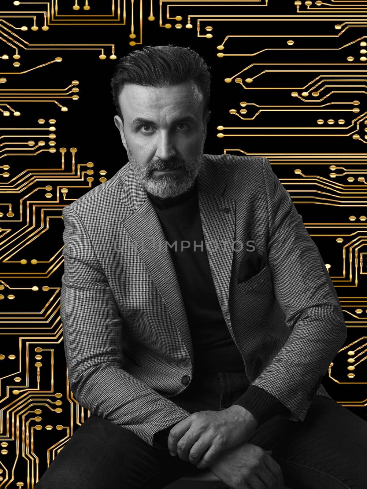 Black and white hero portrait of a elegant senior businessman with a beard and casual business clothes against cryptocurrency blockchain technology pattern design background gesturing with hands by dotshock