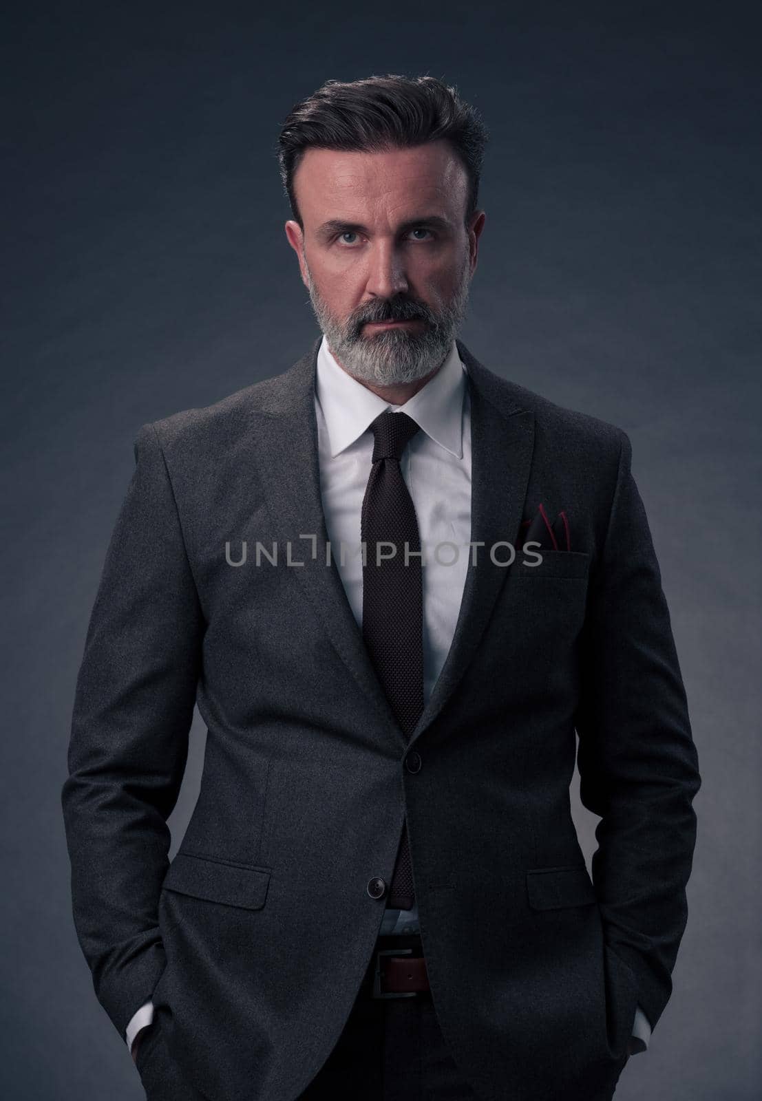 Portrait of a stylish elegant senior businessman with a beard and casual business clothes in photo studio isolated on dark background gesturing with hands by dotshock