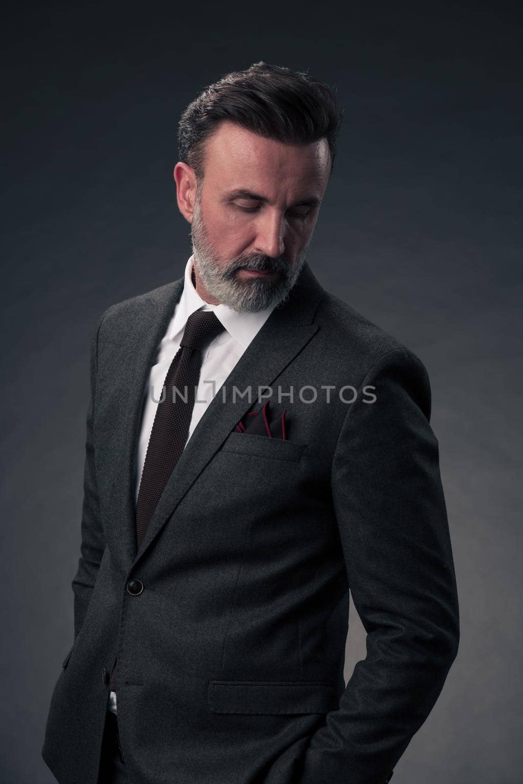 Portrait of a successful stylish elegant senior businessman with a grey beard and casual business clothes confident in photo studio isolated on dark background gesturing with hands. High-quality photo