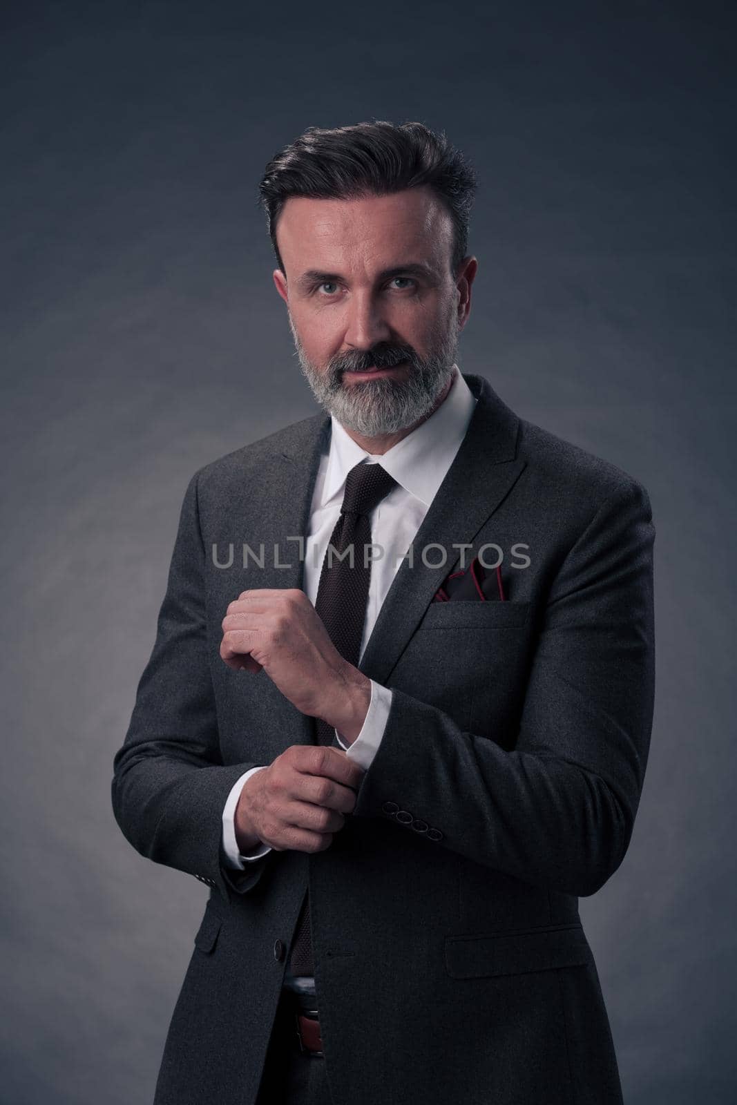 Portrait of a stylish elegant senior businessman with a beard and casual business clothes in photo studio isolated on dark background gesturing with hands by dotshock