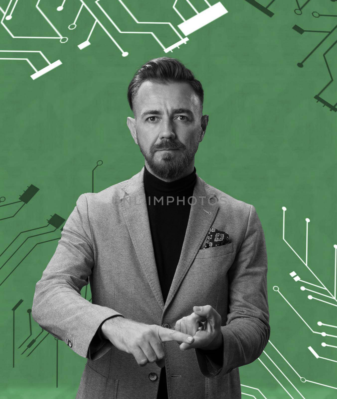 Black and white portrait of a stylish elegant senior businessman with a beard and casual business clothes against retro colorful pattern design background gesturing with hands. High quality photo