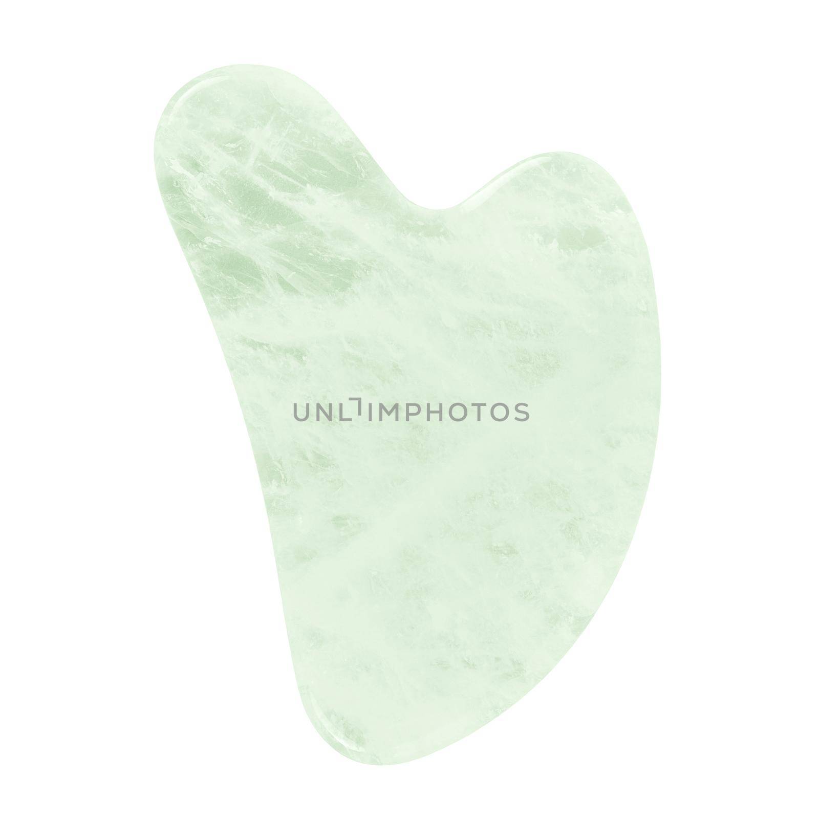 Green Gua Sha scraper, massage tool isolated on white a background.