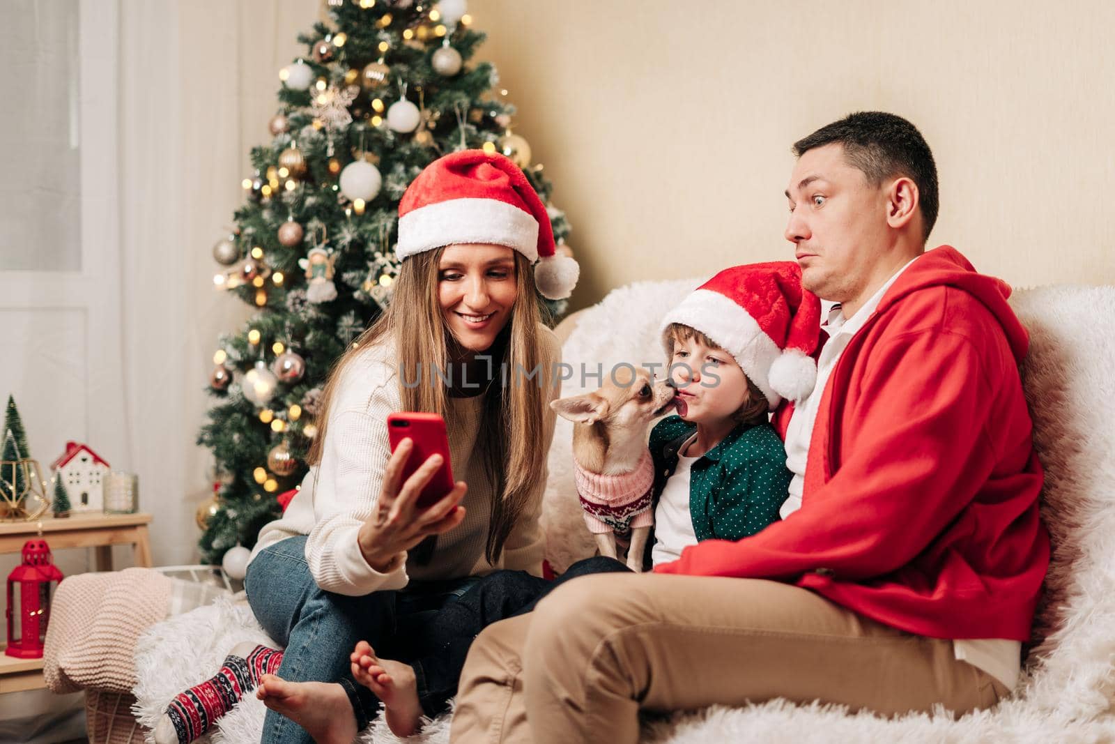 Happy family with kid son having video chat at phone. Mother in Santa hat, father, child boy and dog in sweater having fun on Christmas holidays at home. Merry Christmas and happy new year party.
