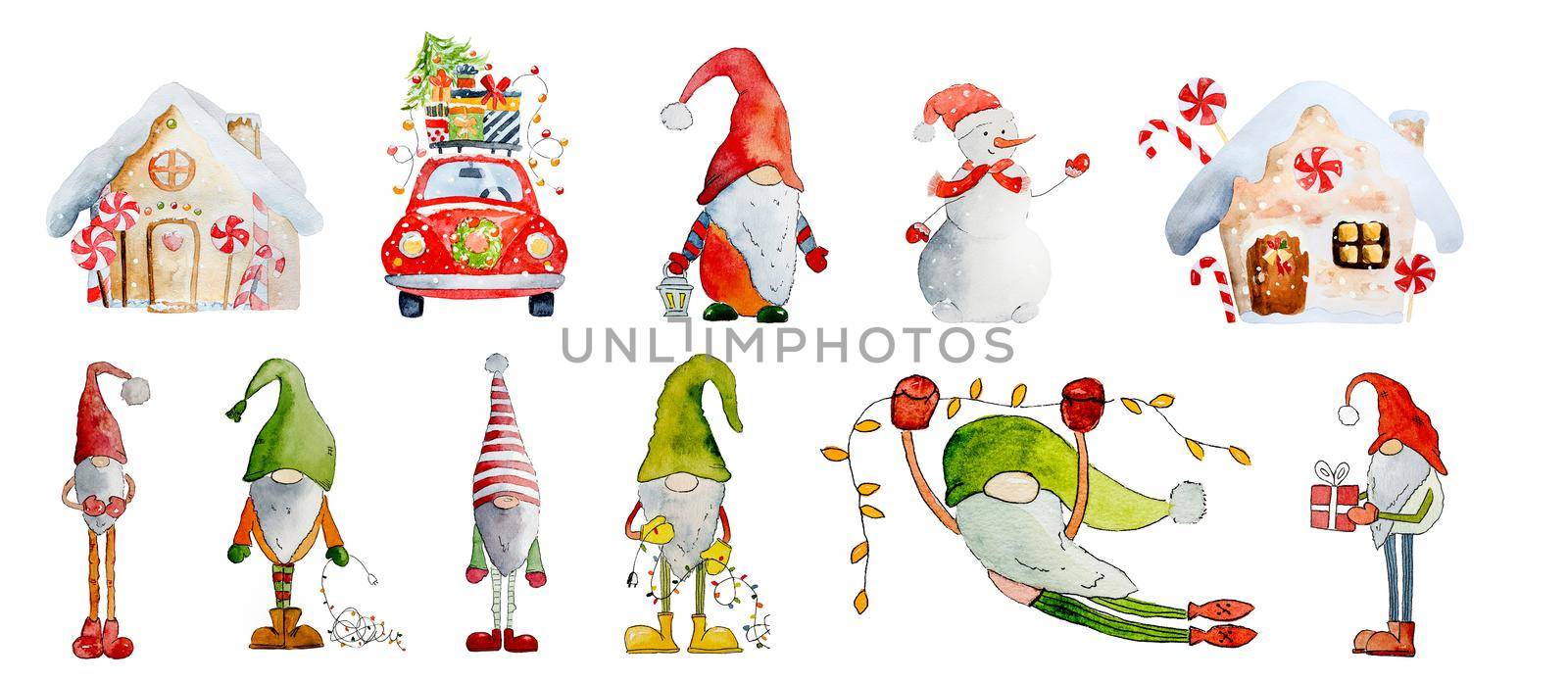 Christmas card with cute dwarfs, Santa Claus helpers, painted with watercolor and isolated on white background. New Year festive art with cartoon character elfs drawn with aquarelle