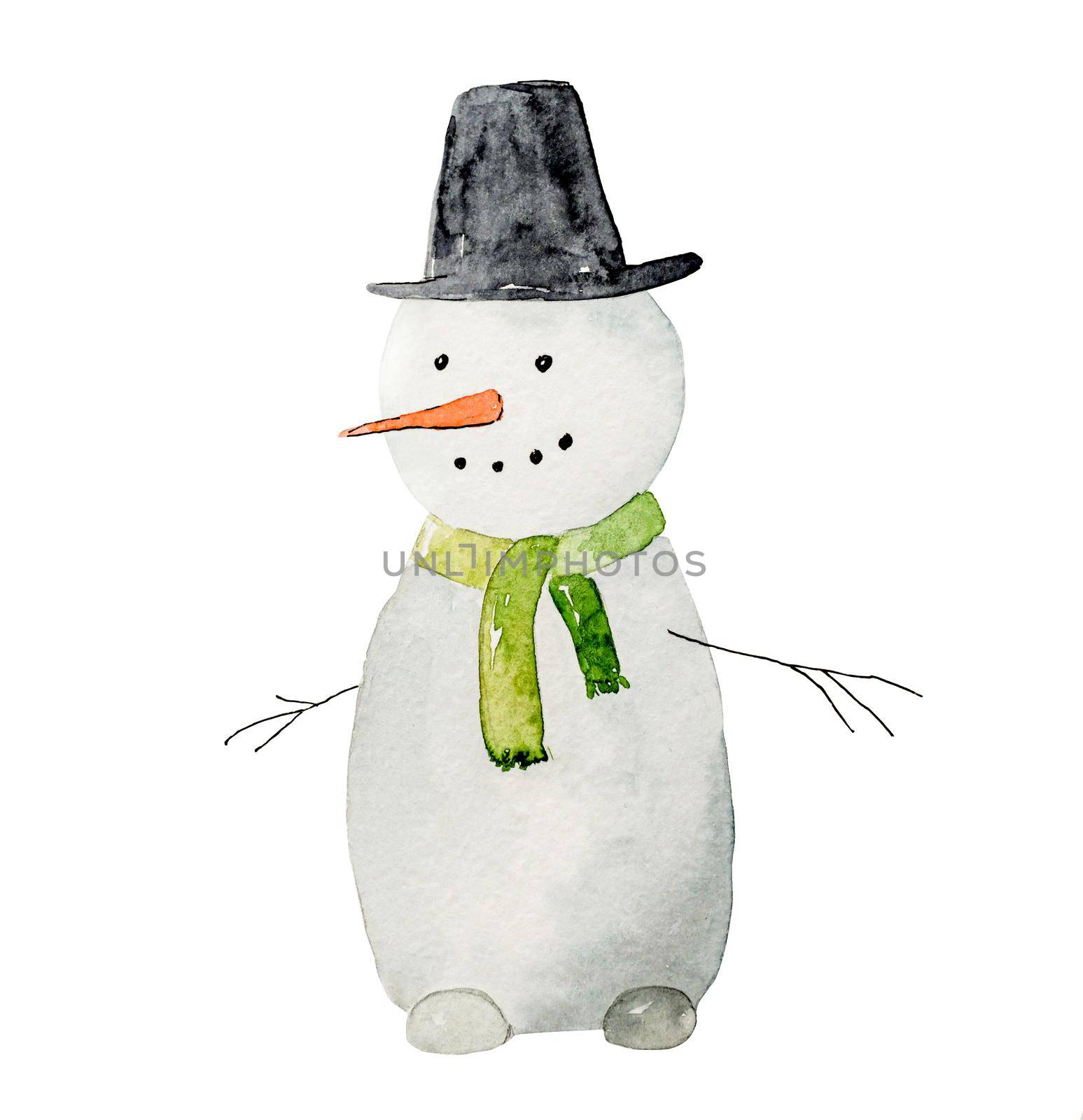 Christmas card with smiling snowman painted with watercolor, wearing hat and isolated on white background. New Year festive art with beautiful Xmas character drawn with aquarelle