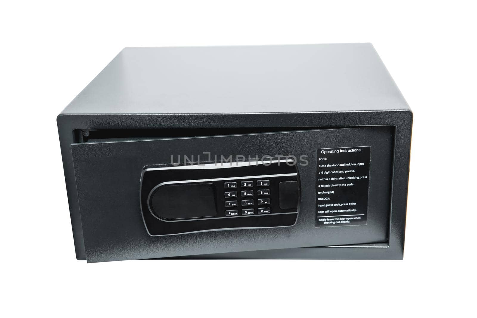 Hotel safe box or security cabinet with access digital code number keypad isolated on background with clipping path