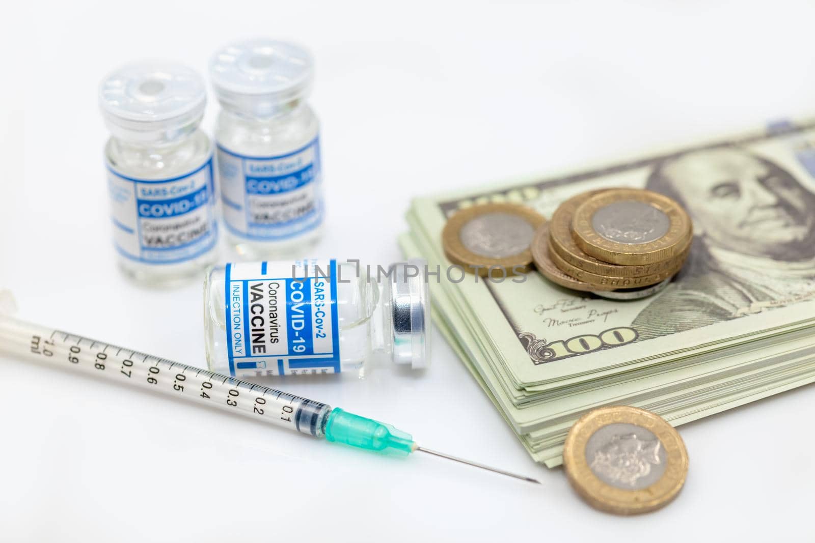 Cash money with Covid Vaccine for buying Anti Coronavirus medicine cost concept.