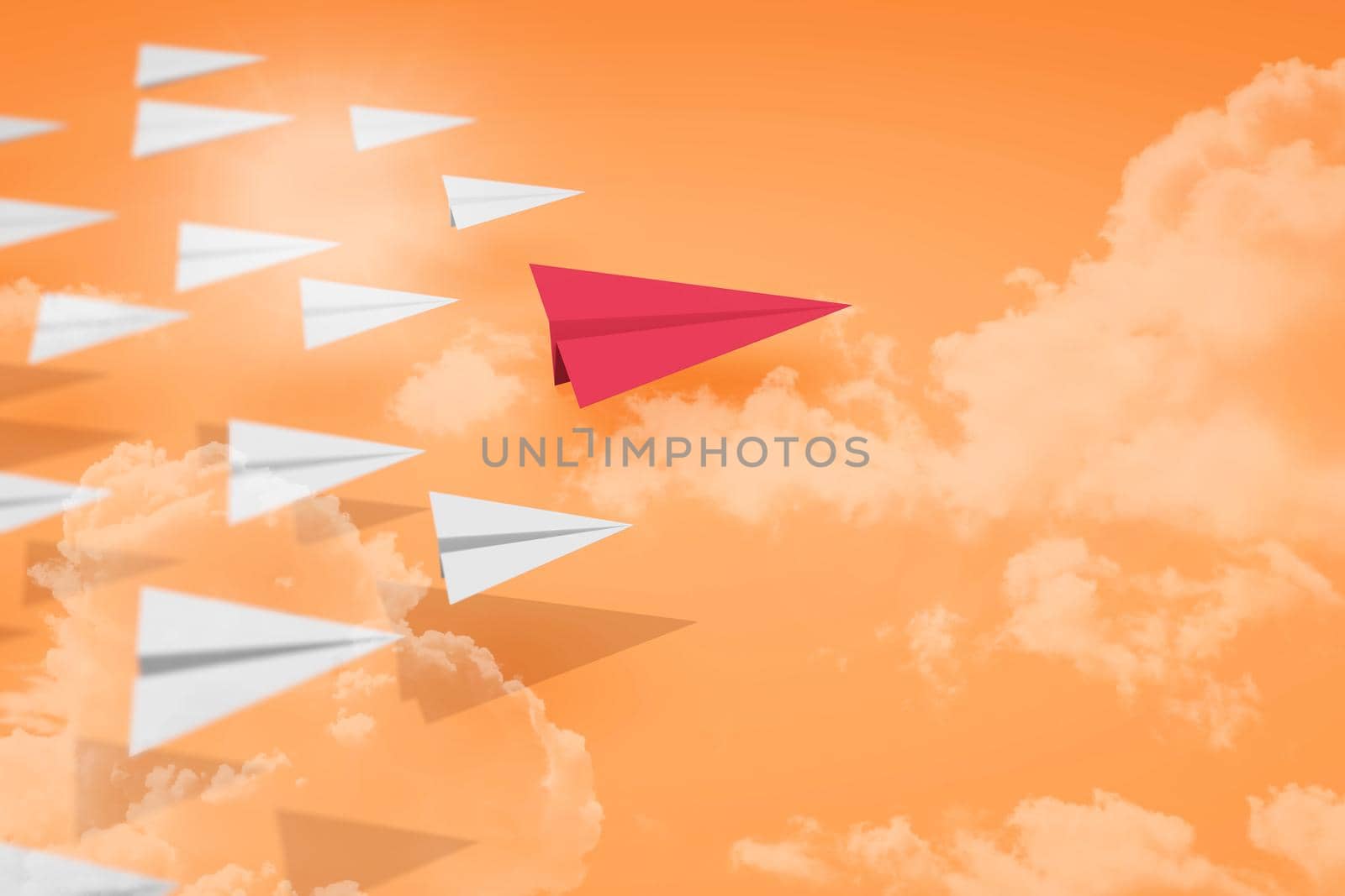 3D Illustration Group of Paper plane with red color team head for business company successful with good leader go forward concept.