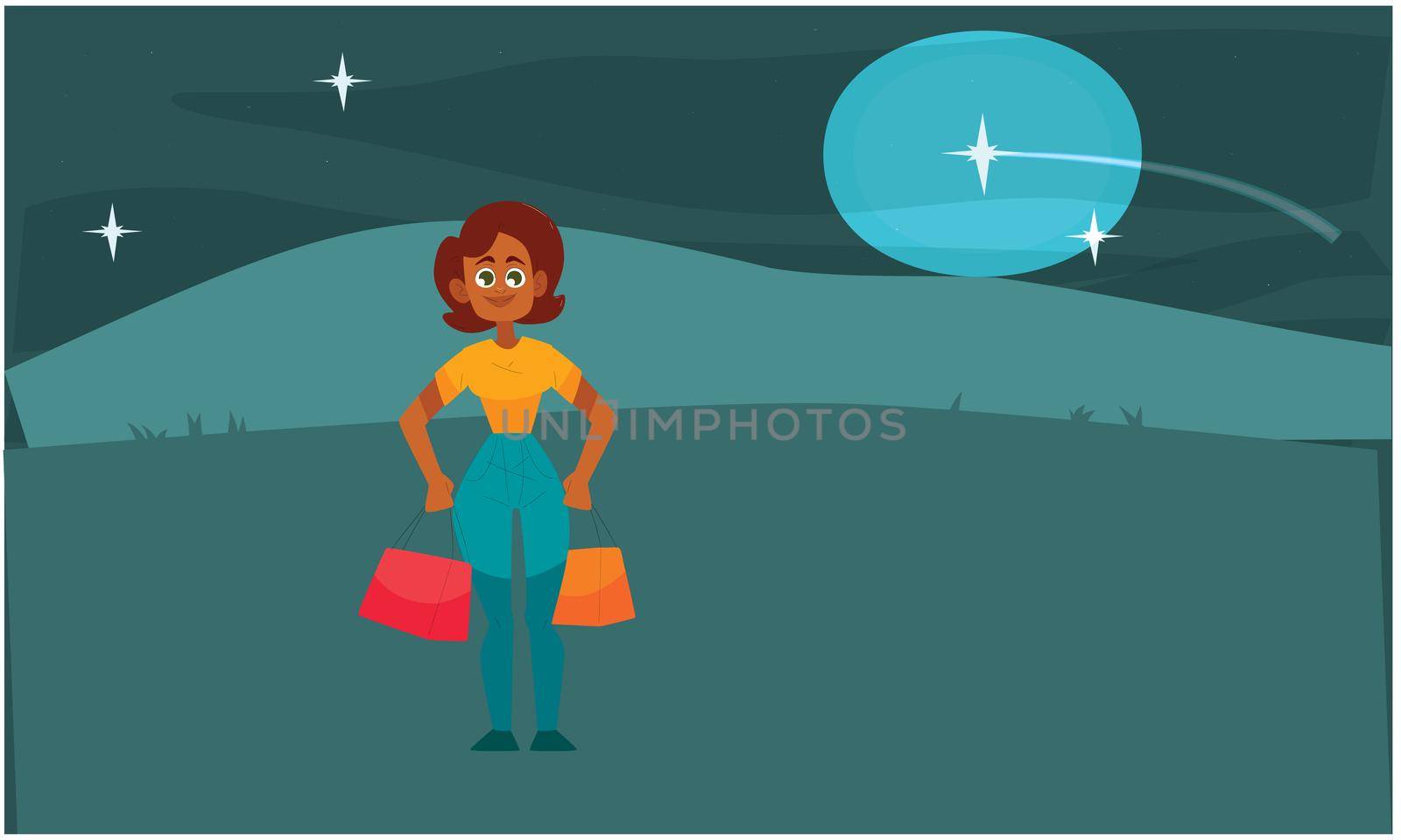 a woman is travelling in the garden with shopping bag by aanavcreationsplus
