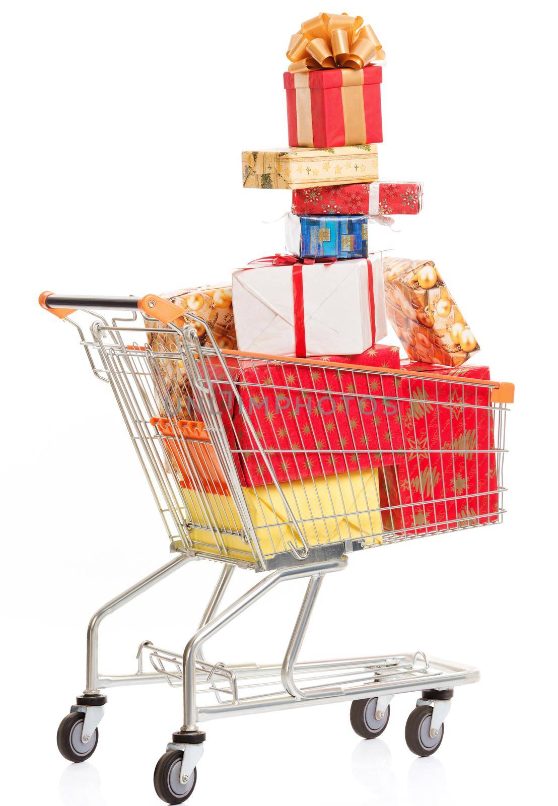 Pyramid of Christmas Gifts, Multicolored Boxes Fill a Shopping Cart on a White Background. Christmas Shopping Season. Close-up. High quality photo
