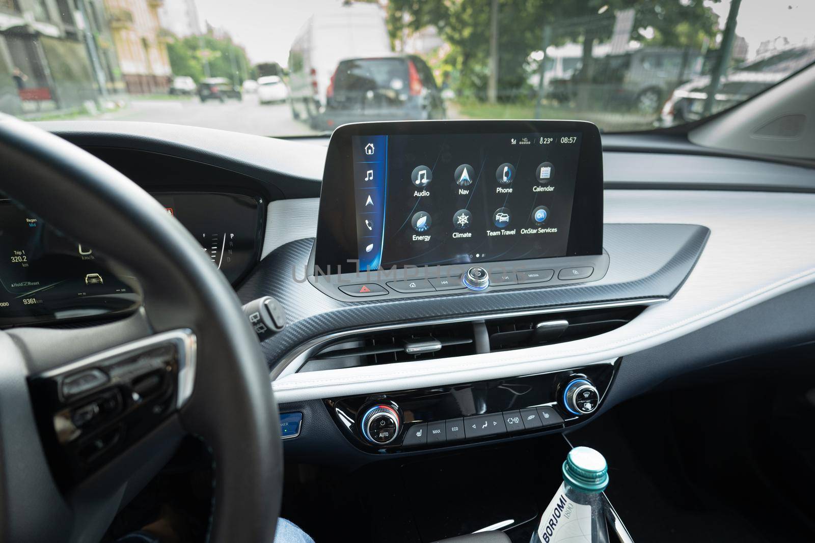 Dashboard and display of Chinese Electric vehicle Buick VeLite 6 on streets of Kyiv, near EV charging station. General Motors family next generation electric car based on Chevrolet Bolt technology . 17th of june 2021 Kyiv, Ukraine,. High quality photo
