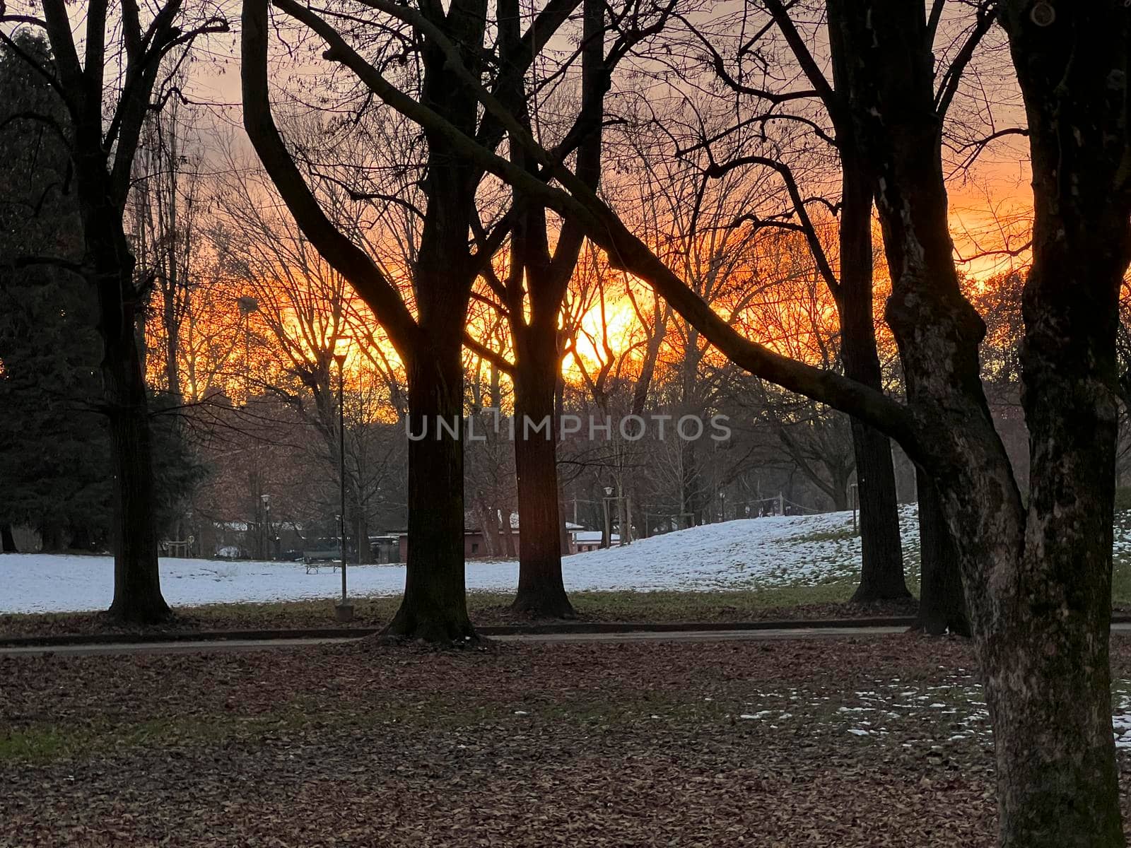 Pellerina park in Turin sunset with snow by tinofotografie