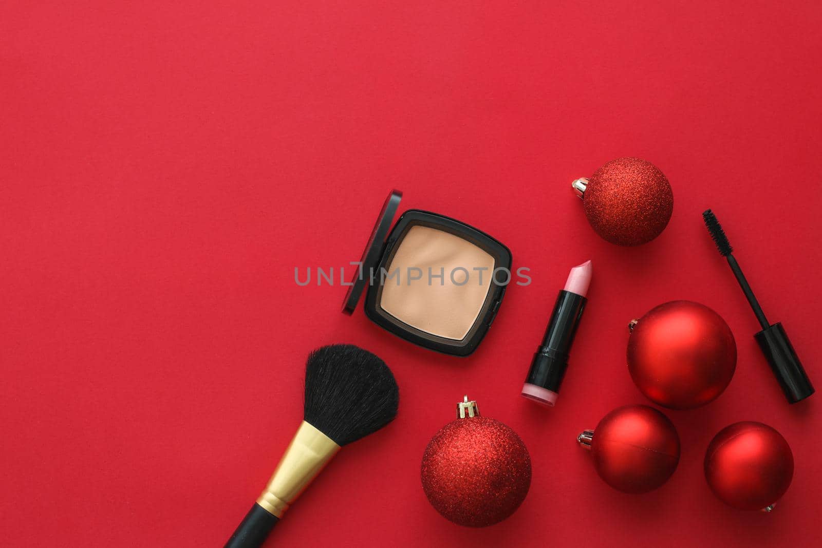 Cosmetic branding, fashion blog cover and girly glamour concept - Make-up and cosmetics product set for beauty brand Christmas sale promotion, luxury red flatlay background as holiday design