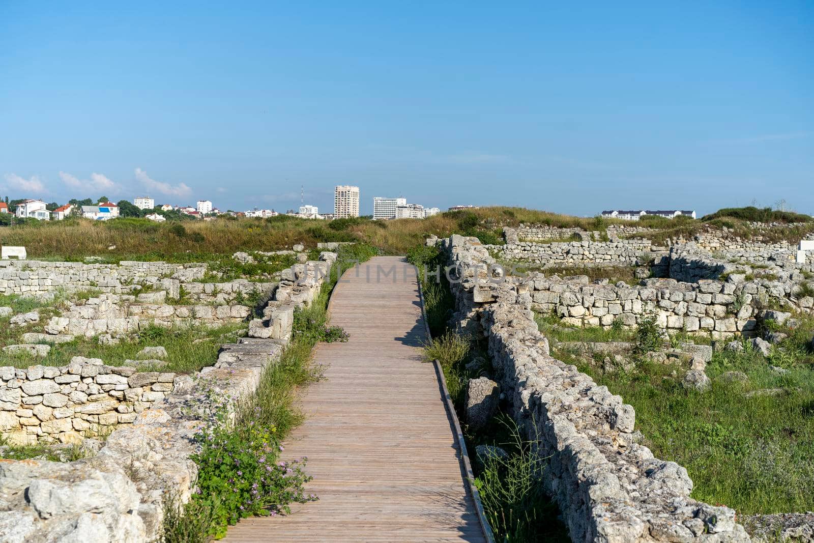 Landscape with a view of the stones and ruins of the historical Chersonesos in Sevastopol.