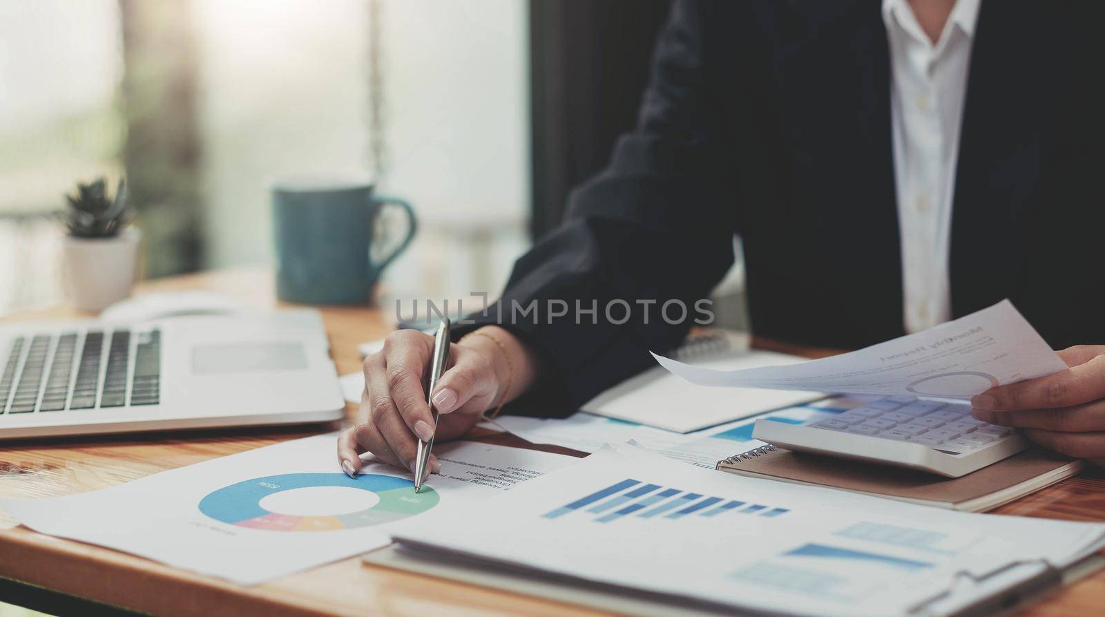 Auditor or internal revenue service staff, Business women checking annual financial statements of company.