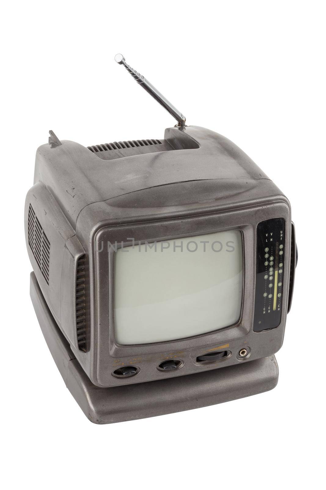 old used 5.5 inch protable analog crt tv unit isolated on white background