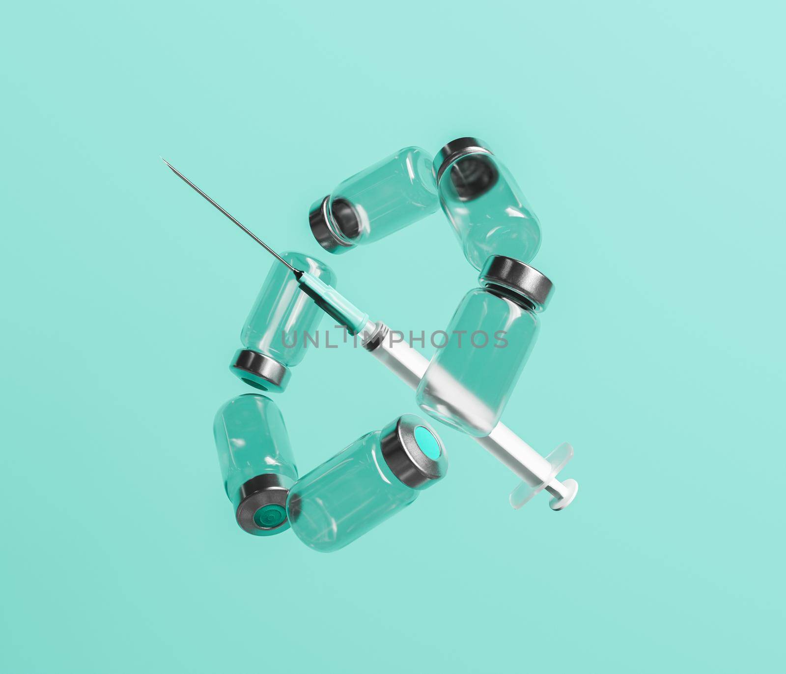 syringe floating in the air with vaccine canisters around. minimalistic and abstract concept of coronavirus vaccination and immunization. 3d rendering