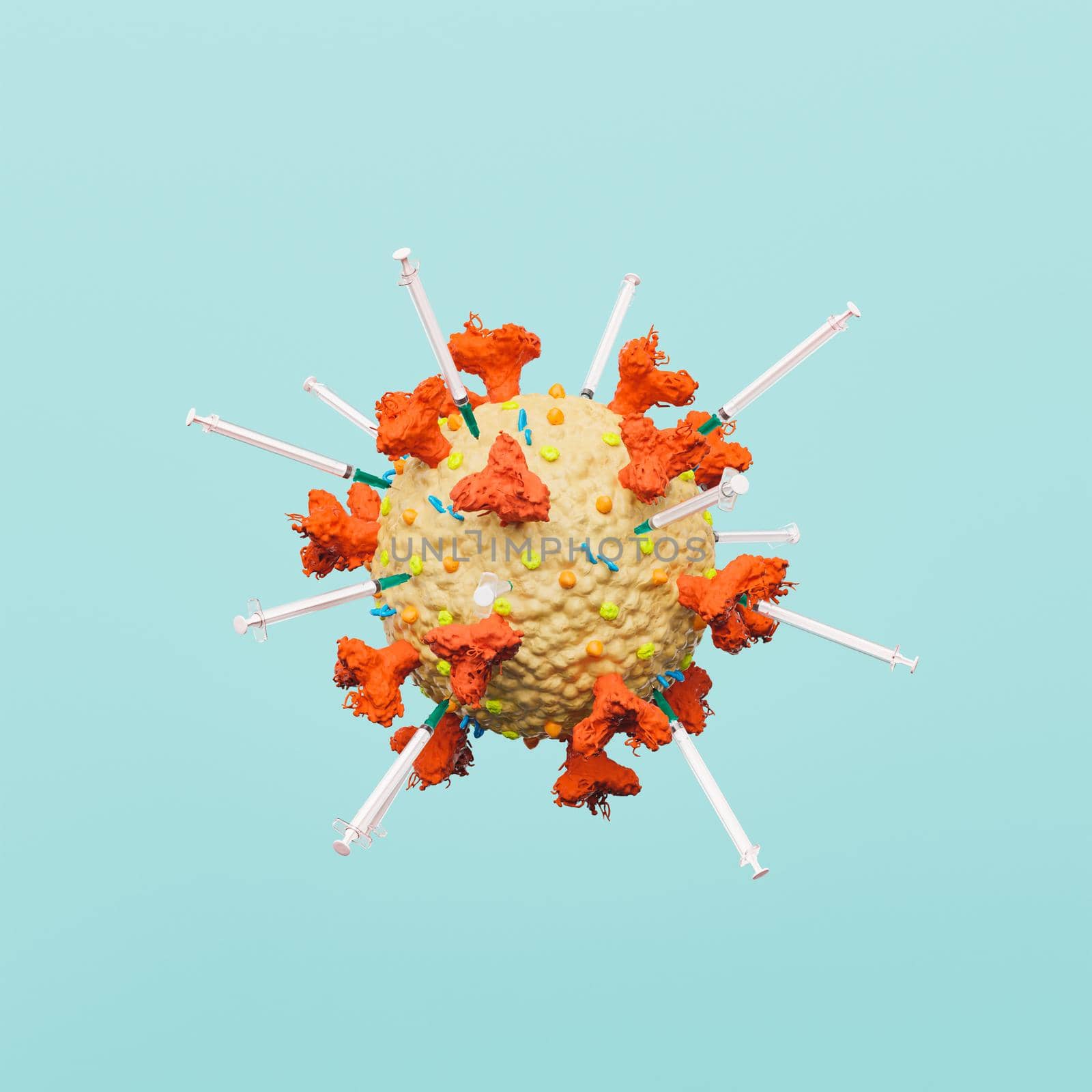 coronavirus cell with syringes. vaccination concept, end of the pandemic and immunization. 3d rendering