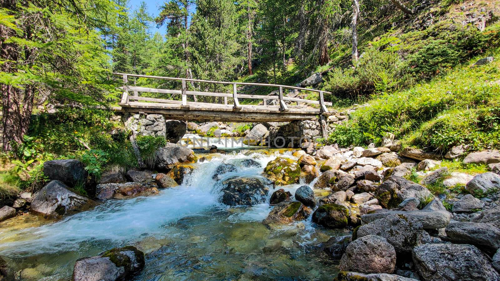 view of the bridge over the Rio di Valle Stretta long exposure. High quality photo