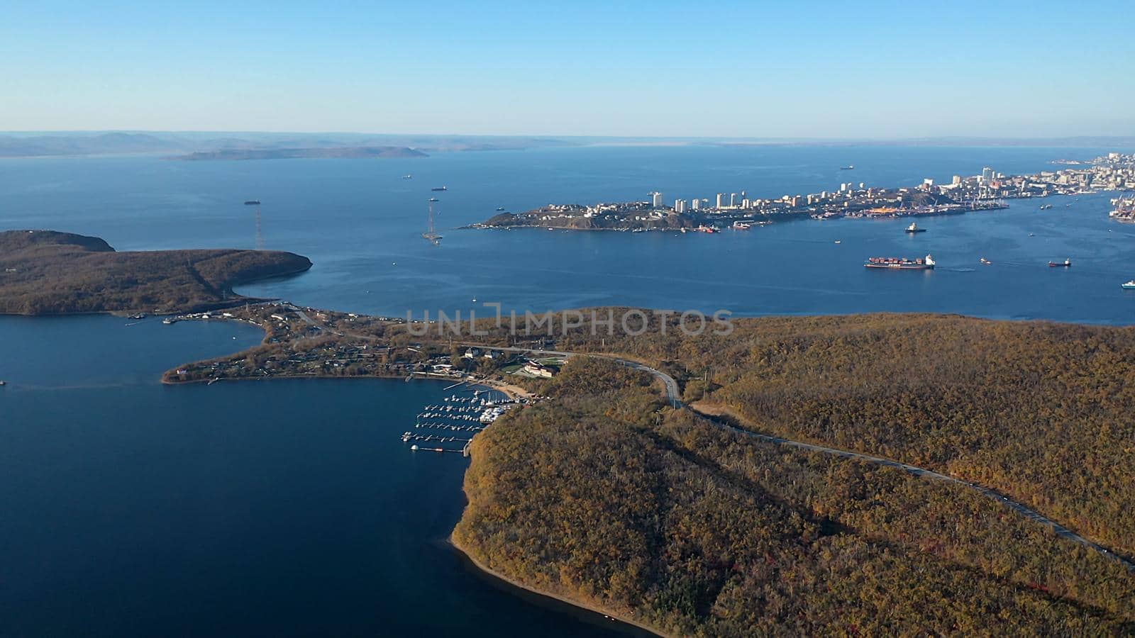 Aerial view of the seascape overlooking the bays of Vladivostok, Russia