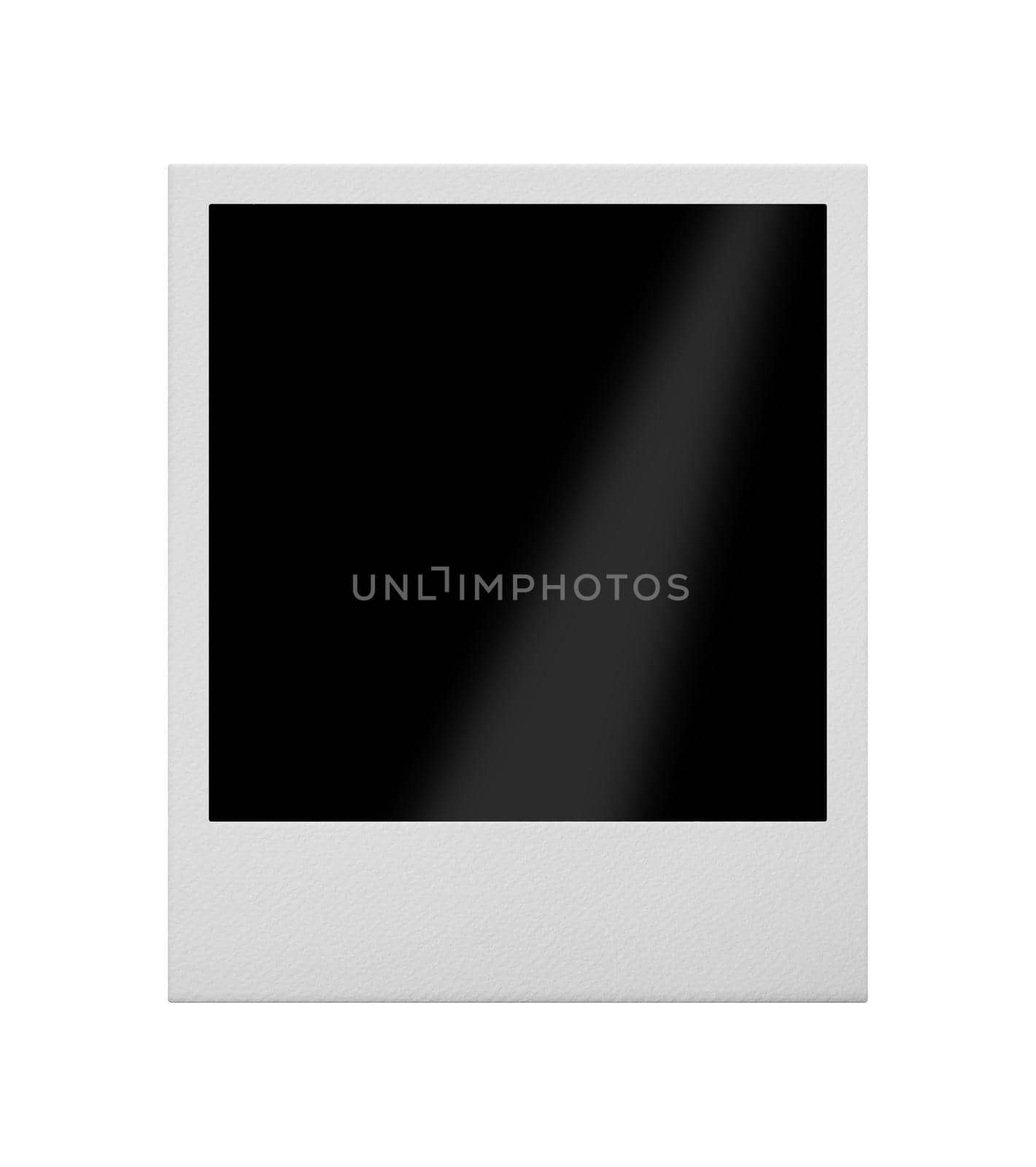 Close up one empty black Polaroid instant photo frame isolated on white background