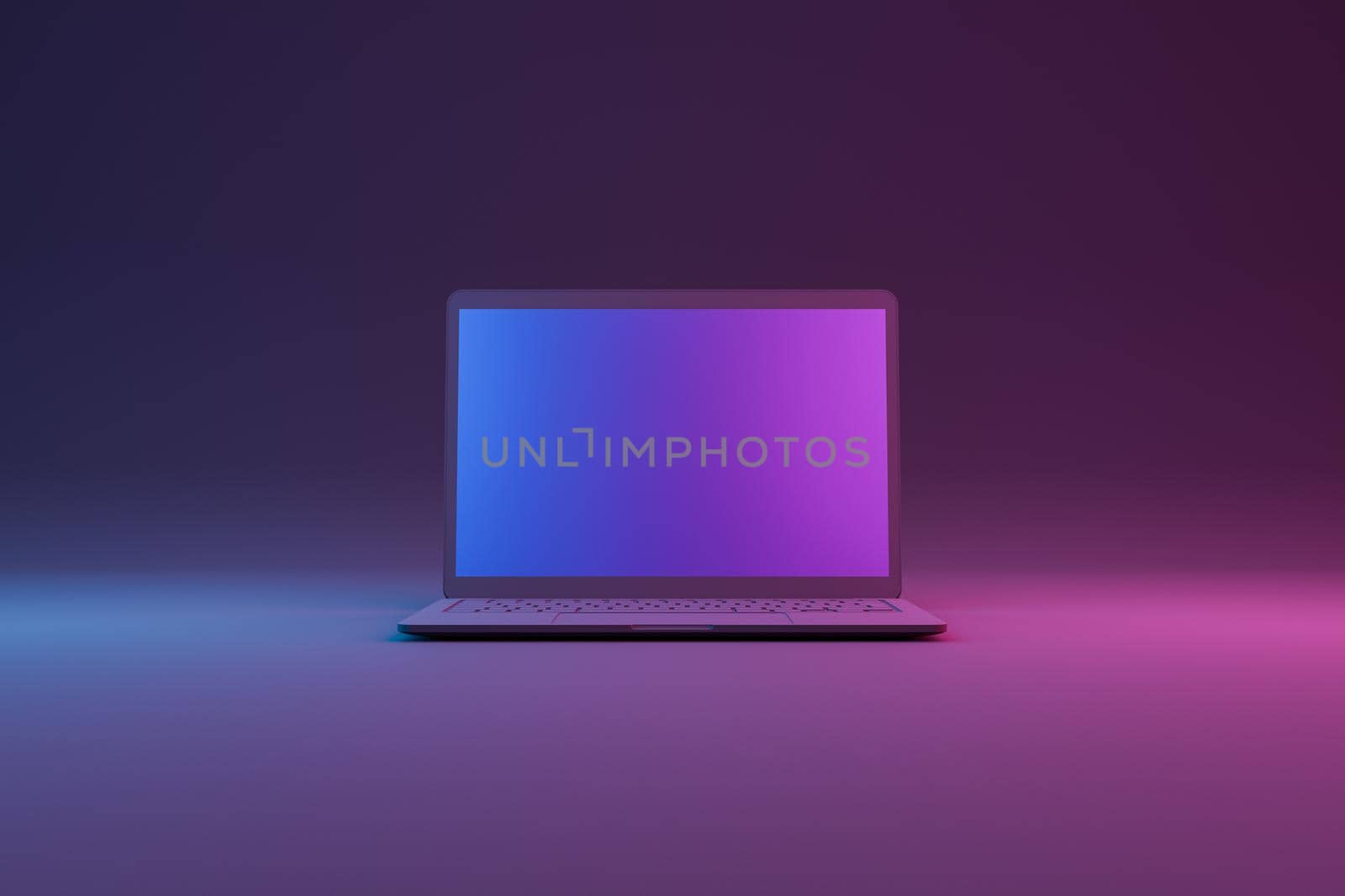 front view of a minimal laptop with neon lighting. 3d rendering