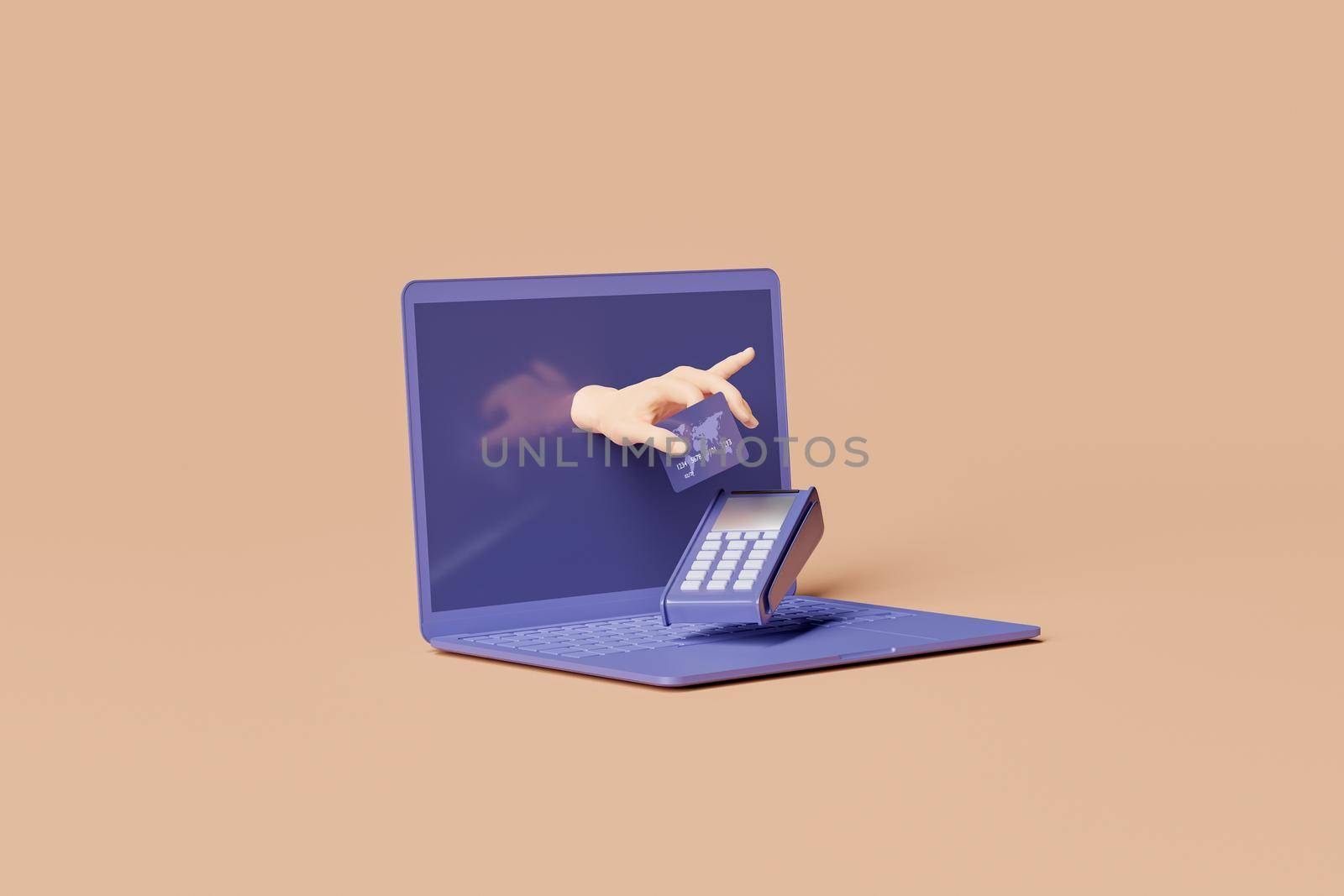 minimal laptop with one hand emerging from the screen and paying with a credit card at a POS terminal. color of the year 2022 Very Peri. 3d rendering