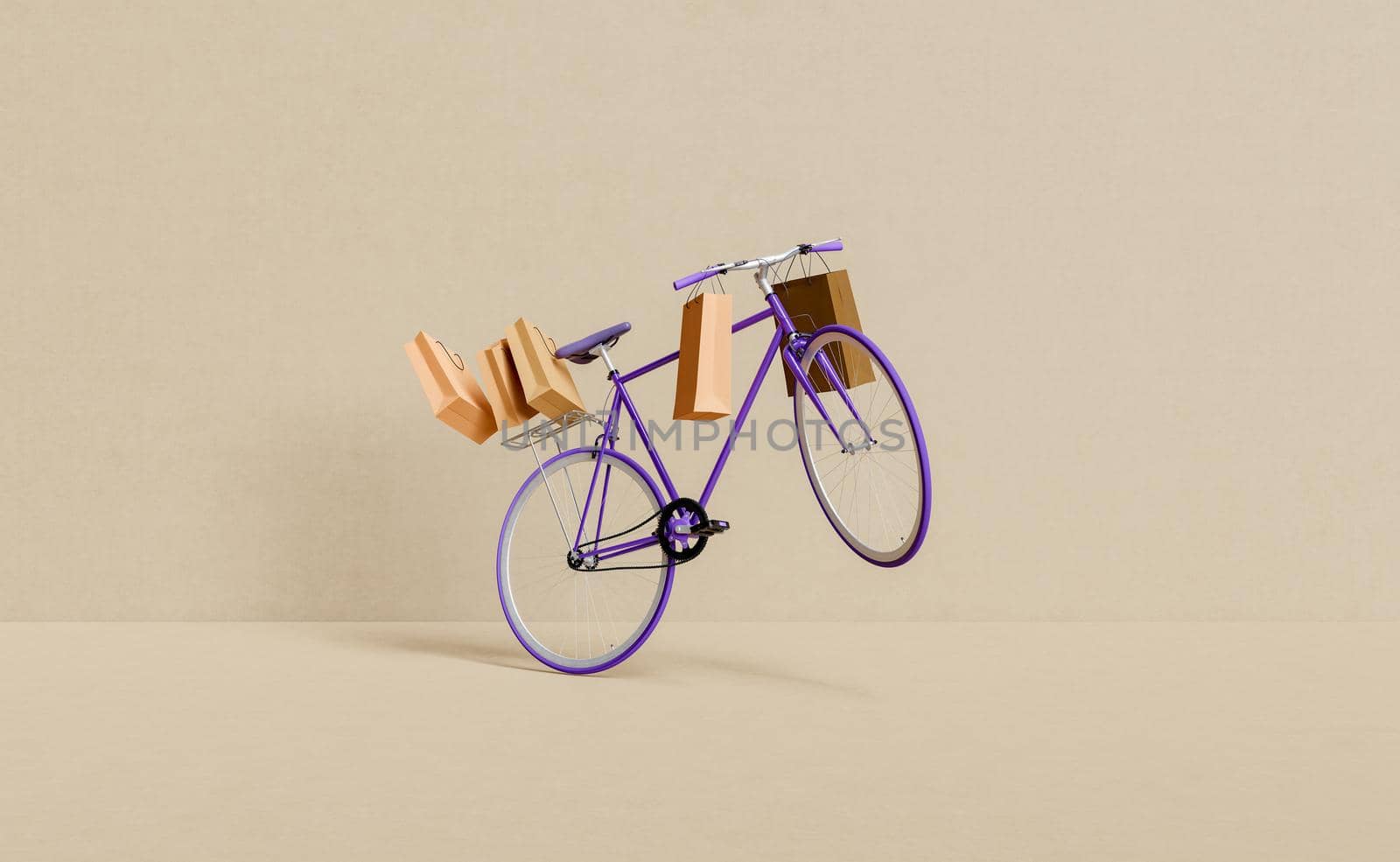 retro bike flying with shopping bags attached. color of the year 2022 Very Peri. 3d rendering