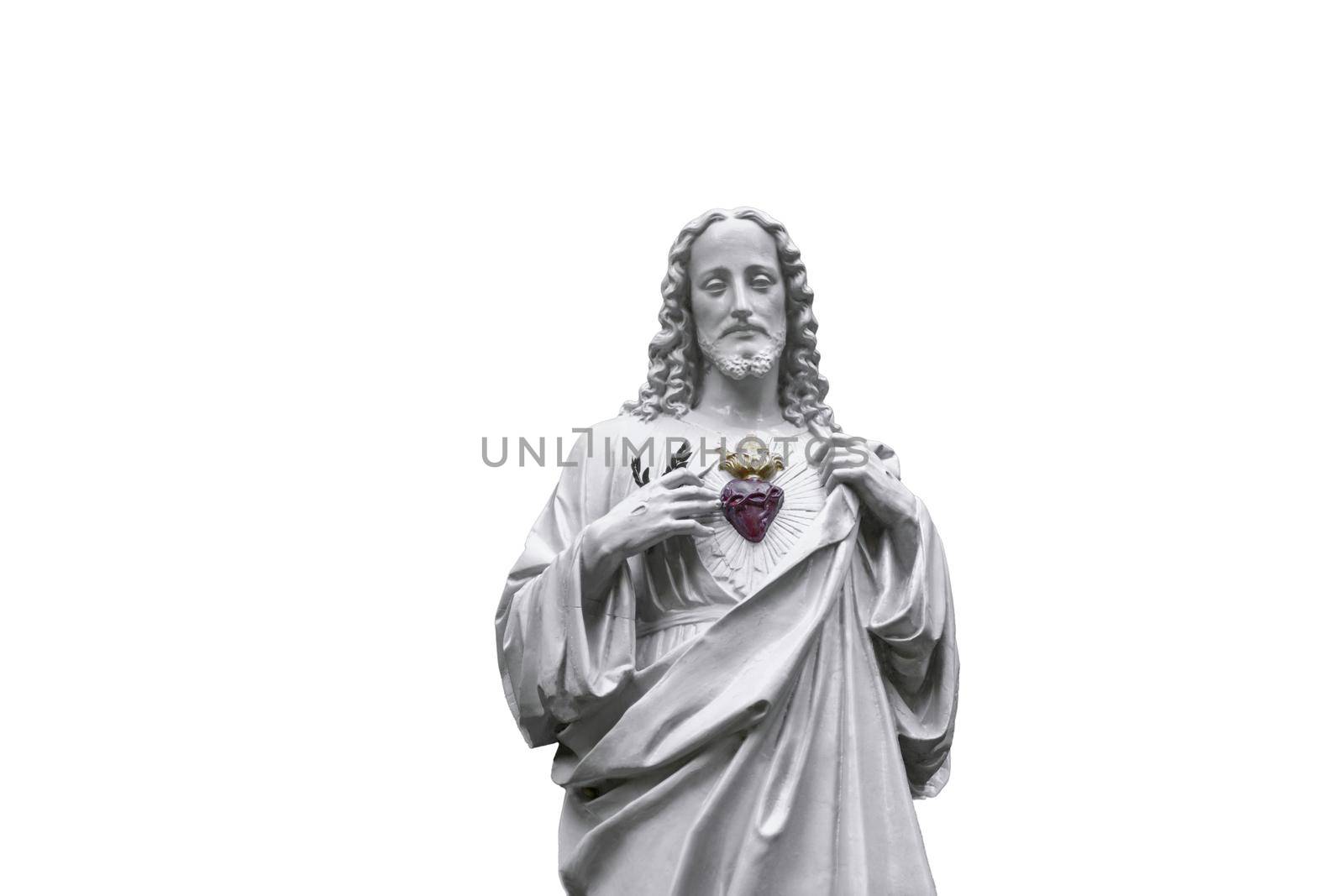 Statue of Jesus with a red heart white background