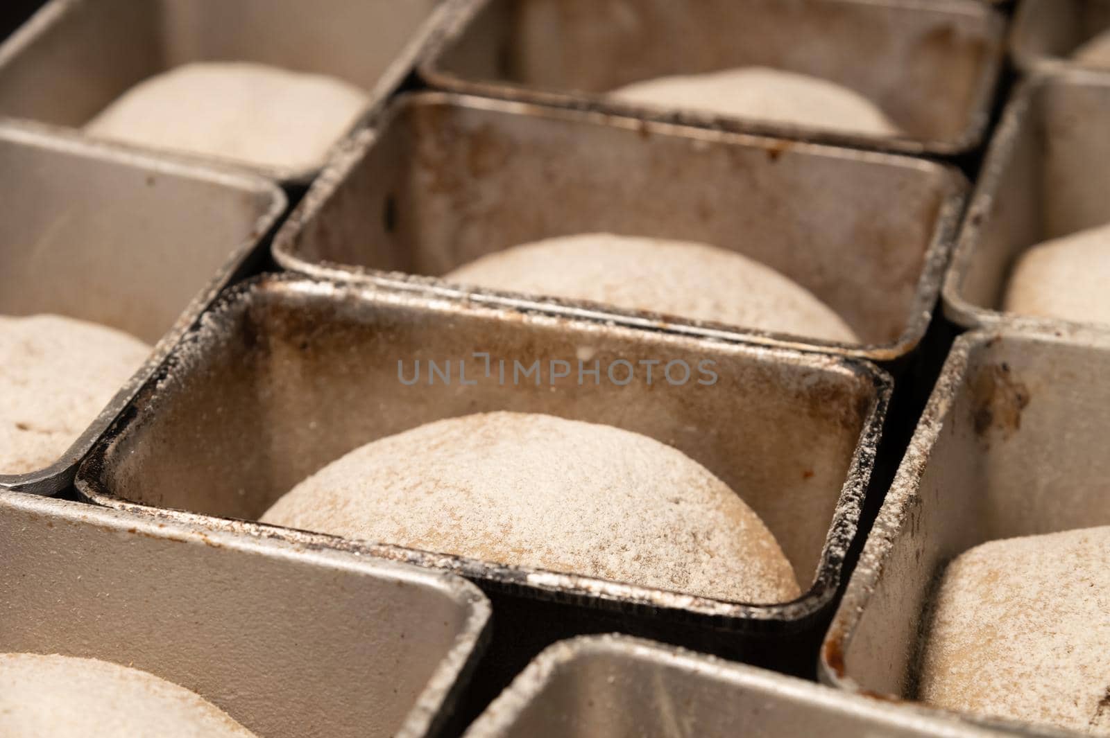 Bread dough in a black metal baking dish on a kitchen countertop. Rye-free rye bread by yanik88