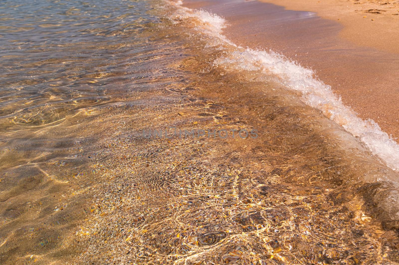 Wave of foam and white sand on the beach. Crystal clear sea wave on a sandy beach photo background. Golden coral beach sand with sea wave. Seaside exotic island banner with place for text. by yanik88