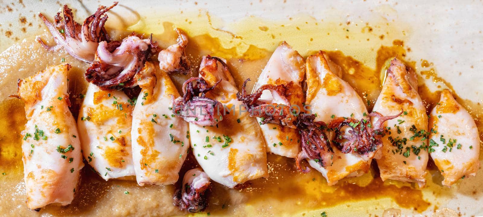 Directly above view of a delicious plate of grilled squid with sauce. by HERRAEZ