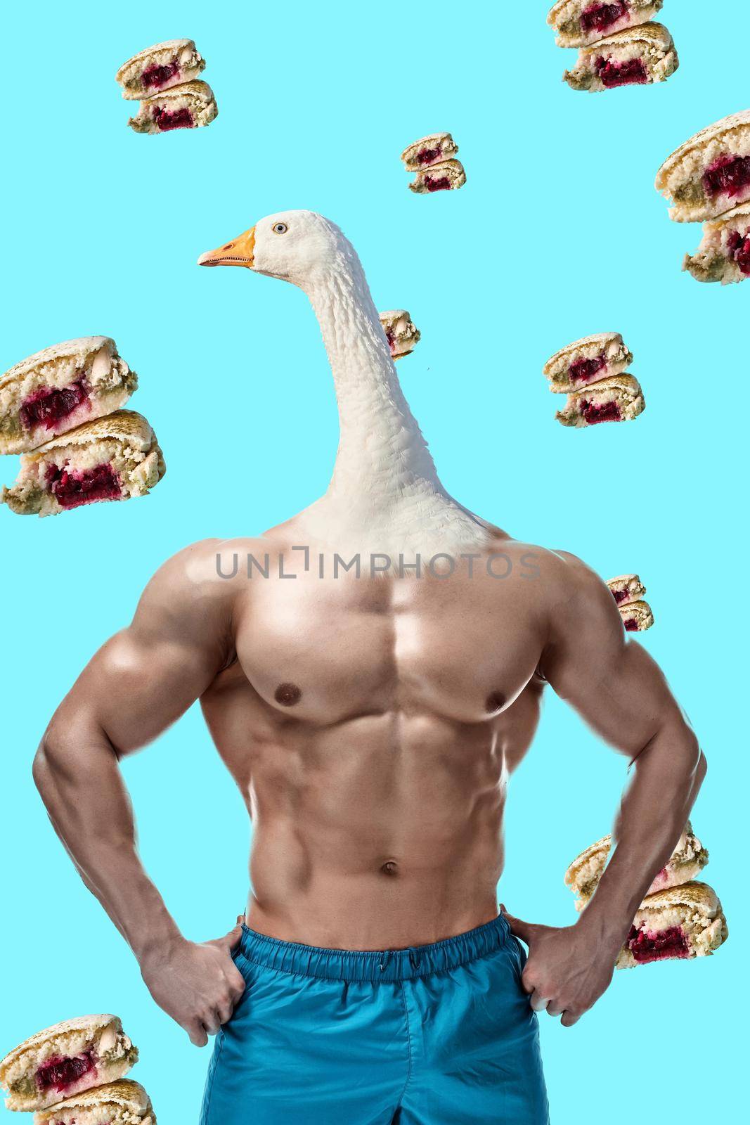 Athletic man in sport clothes with goose head. Sports concept, art collage. by nazarovsergey