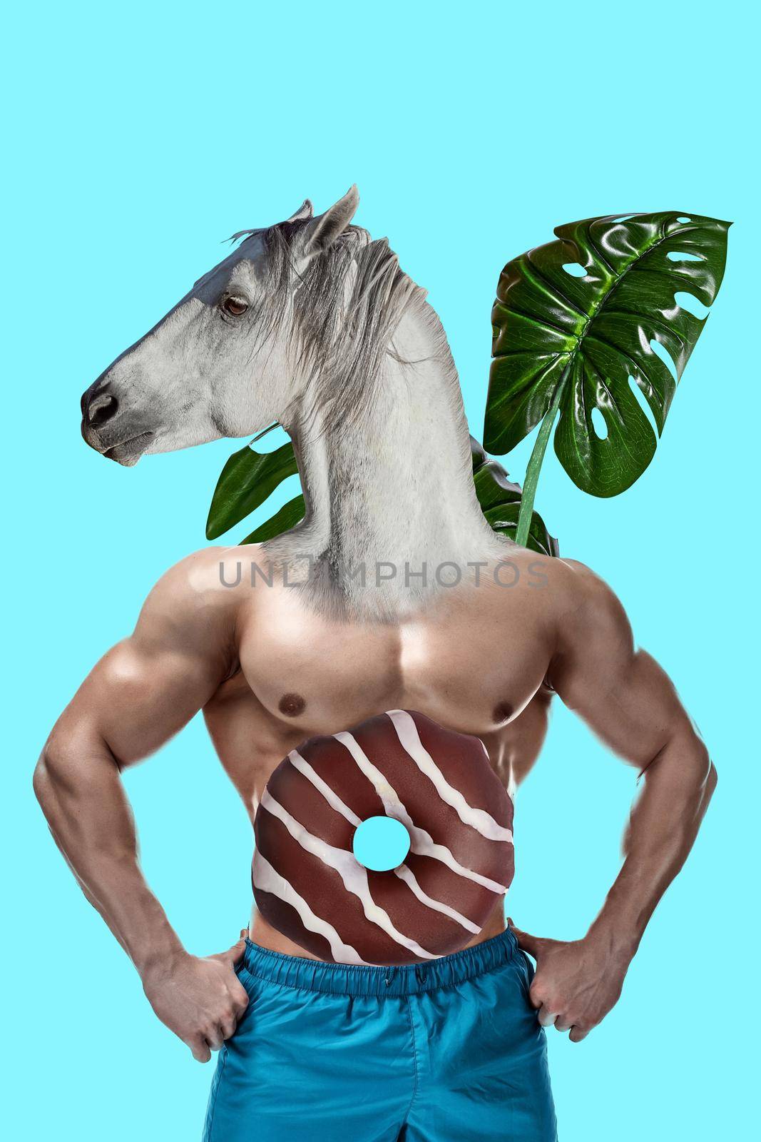 Abstract animal Art collage. A man with a head of a horse on blue background