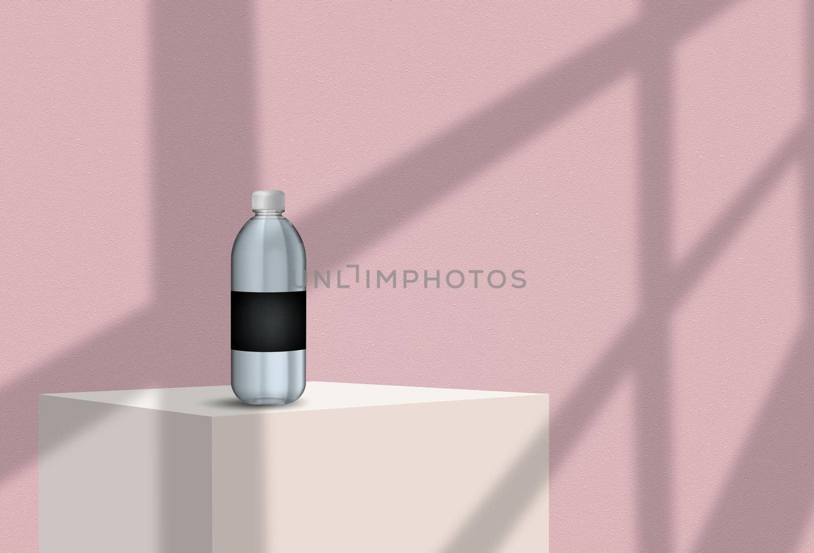 Transparent plastic bottle with black blank label for your inscriptions or images is standing on a white cube or table against a pink wall with shadows from the window. Mockup. Copy space, close-up.