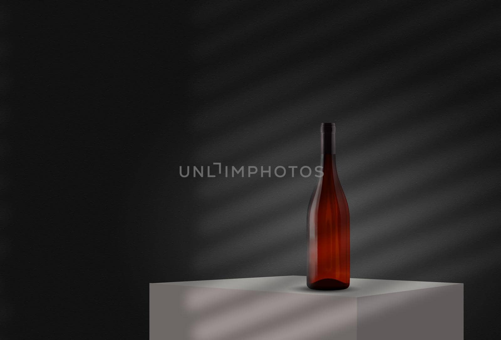 Red glass bottle is standing on a white cube or table against a gray wall with shadows from the window. Mockup. Copy space, close-up.