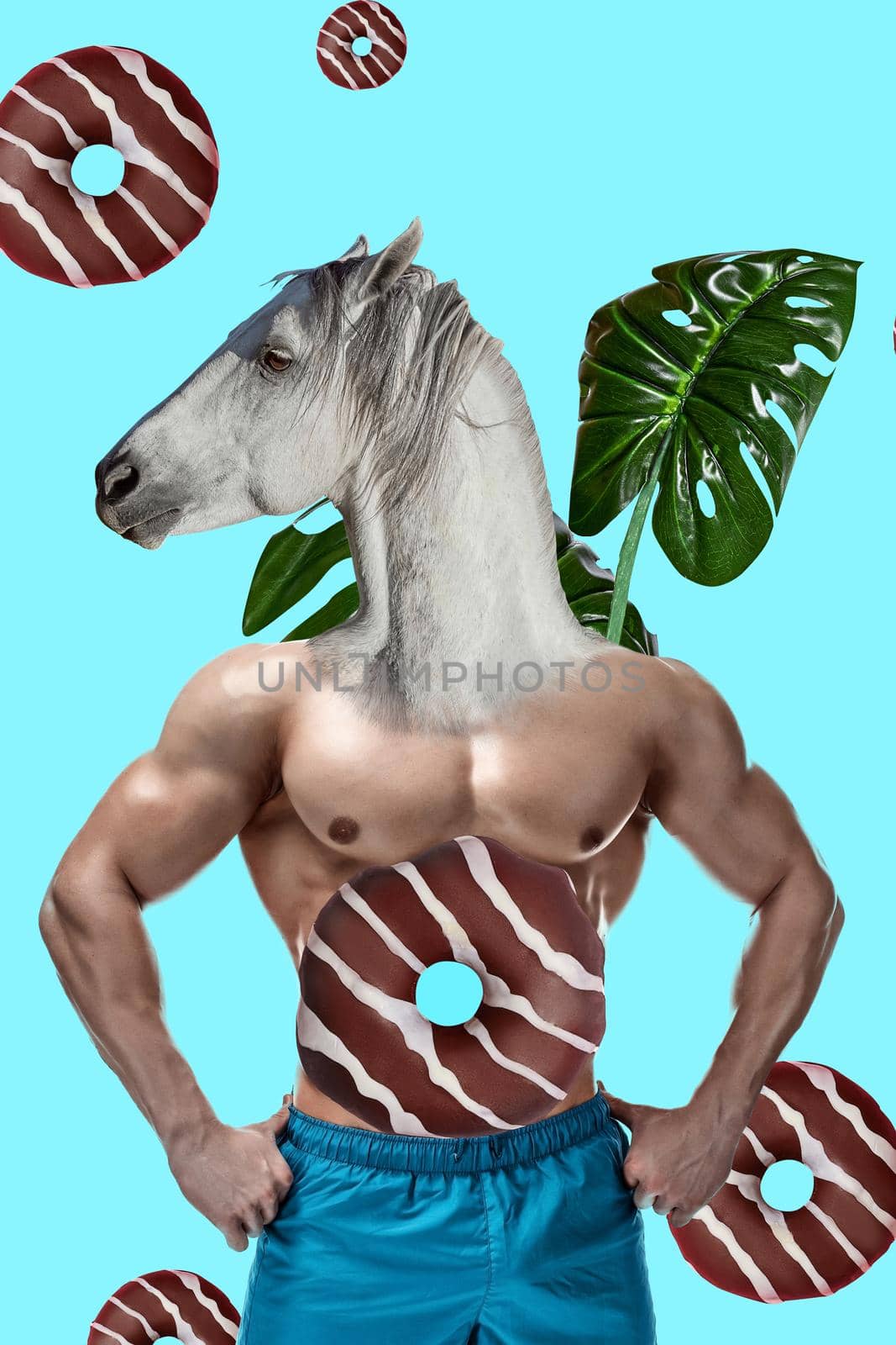 Abstract animal Art collage. A man with a head of a horse on blue background