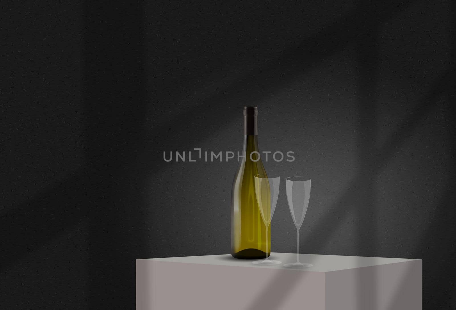 Green glass bottle and two glasses standing on a white cube or table against a gray wall with shadows from the window. Mockup. Copy space, close-up.