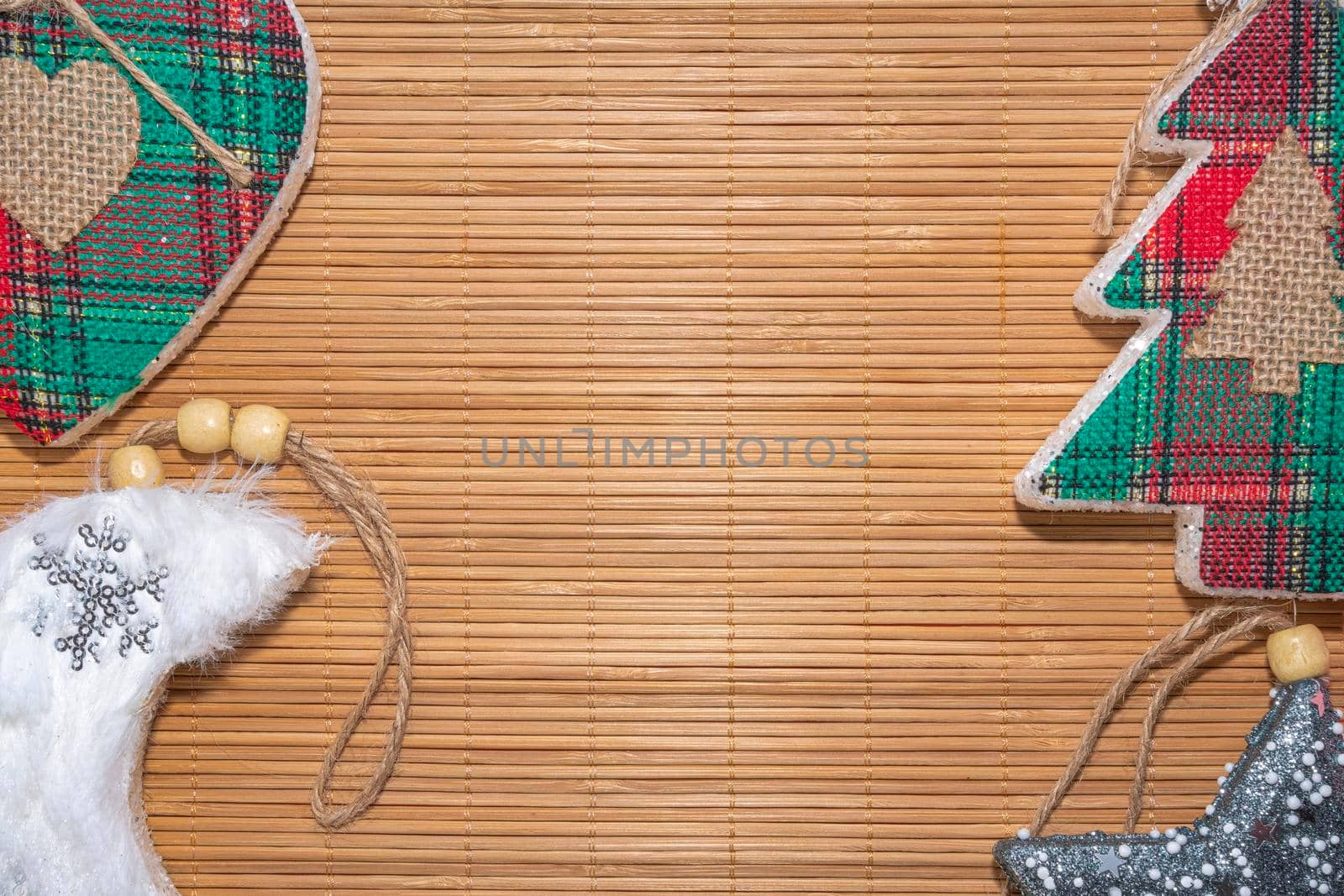 christmas toys on a wooden background top view. High quality photo