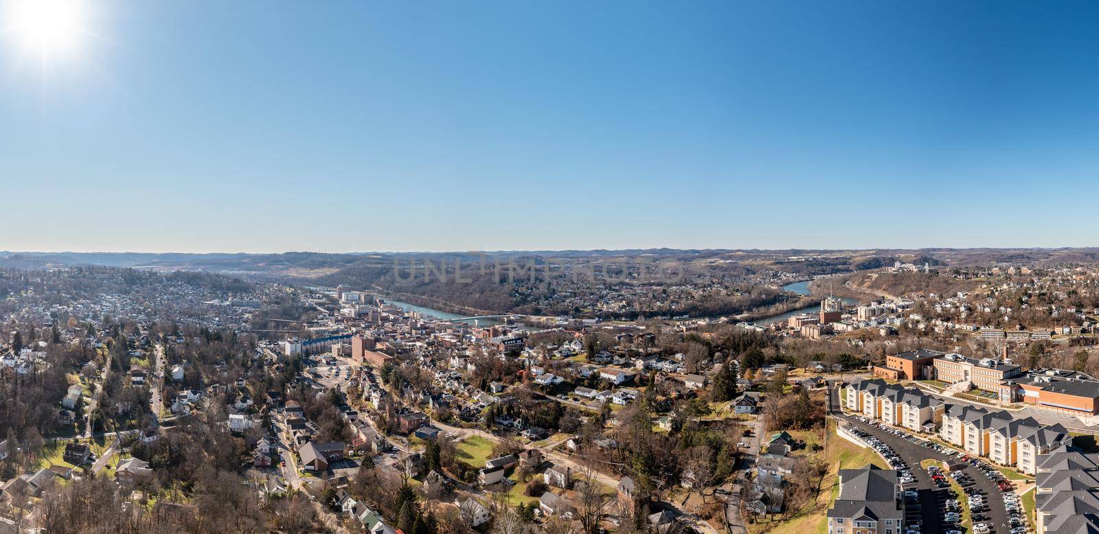 Aerial drone view of the downtown and university in Morgantown, West Virginia by steheap