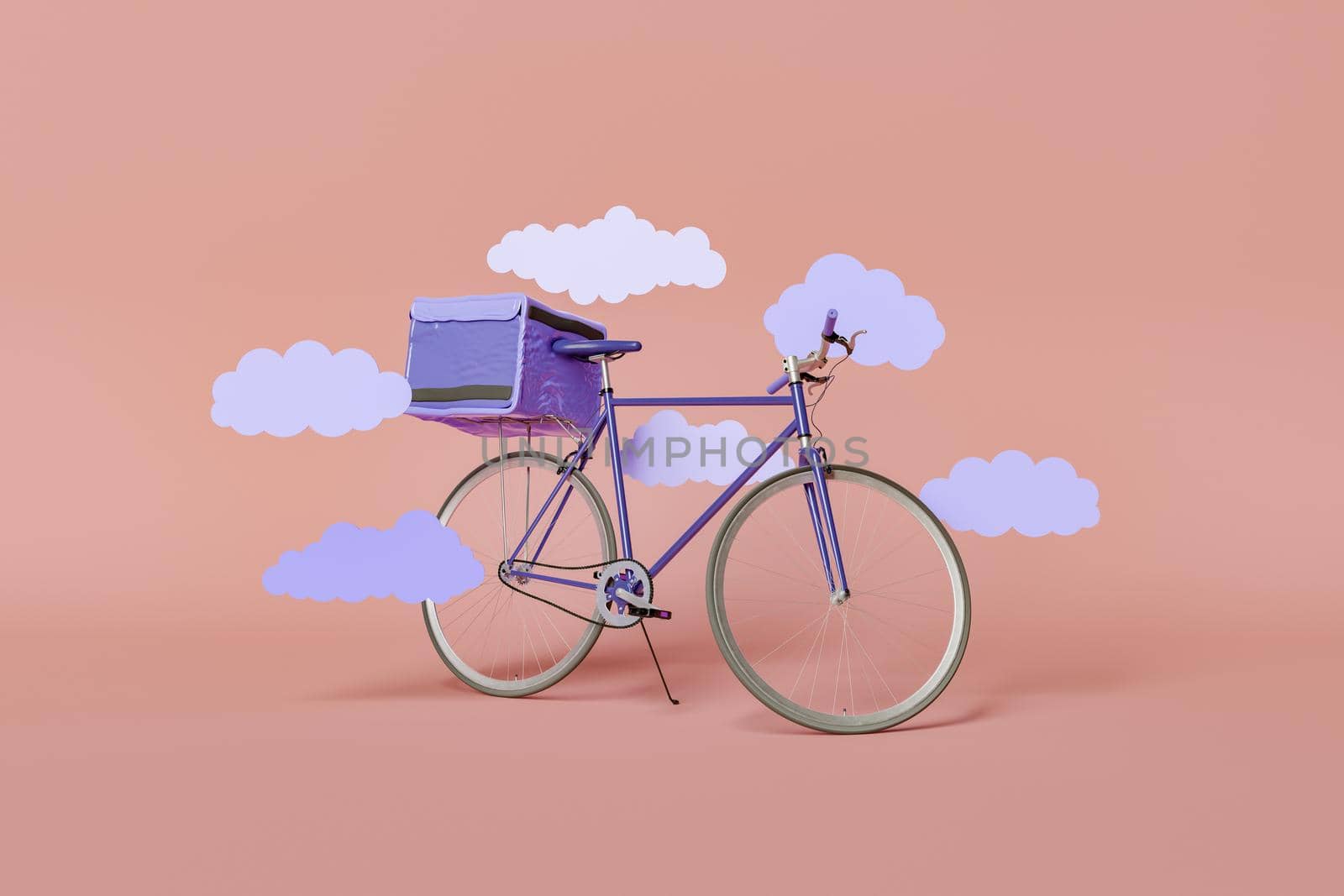 delivery bike in "very peri" color with backpack and flat clouds around. 3d rendering