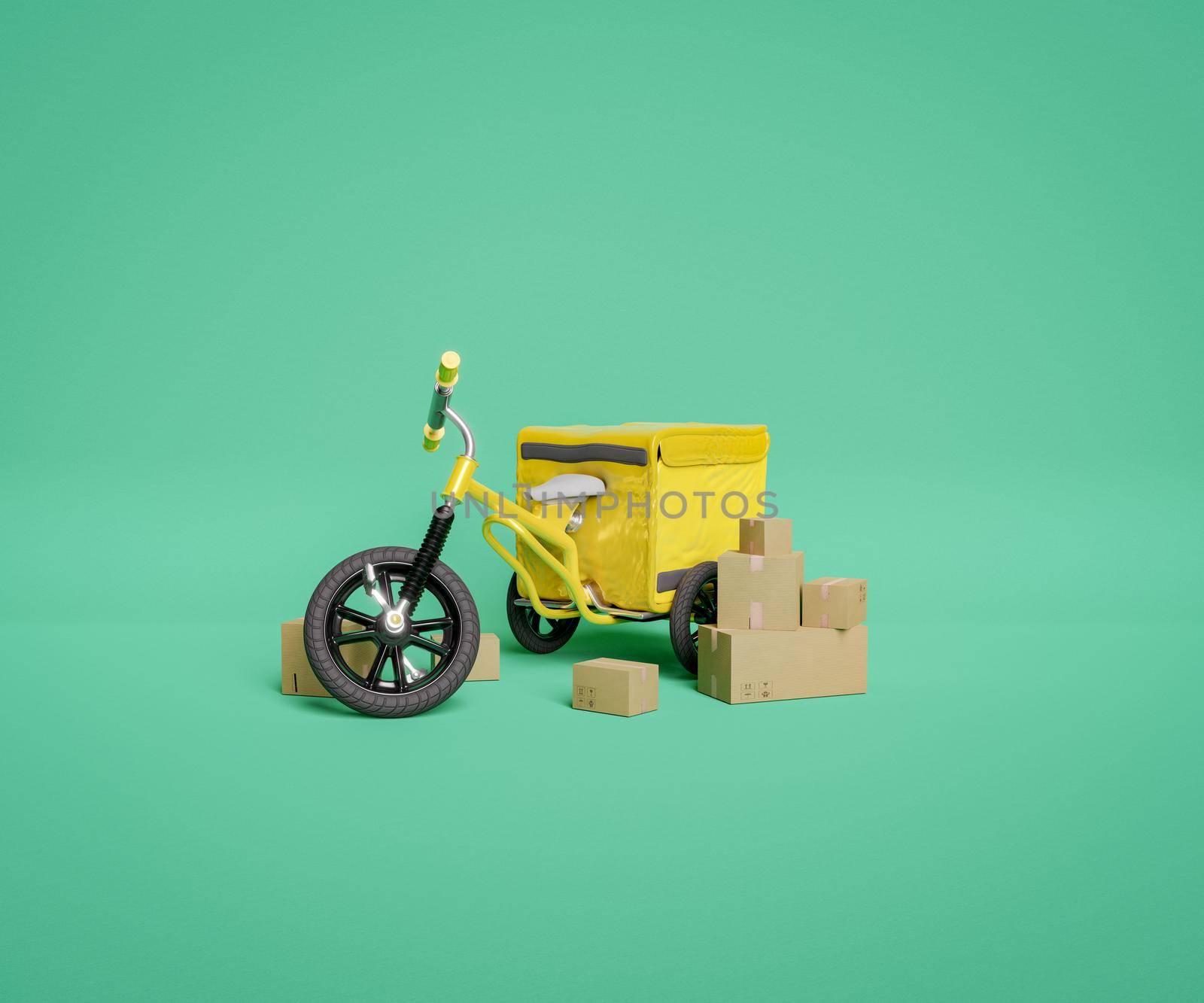 yellow children's tricycle with delivery backpack and cardboard boxes around. 3d rendering