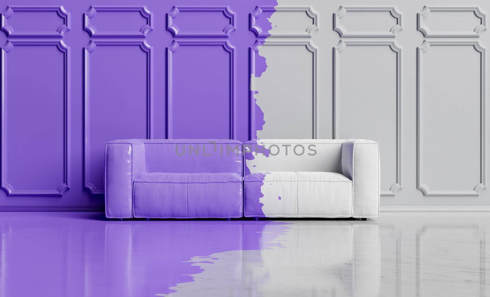 Very Peri color splashes covering a room with a sofa by asolano