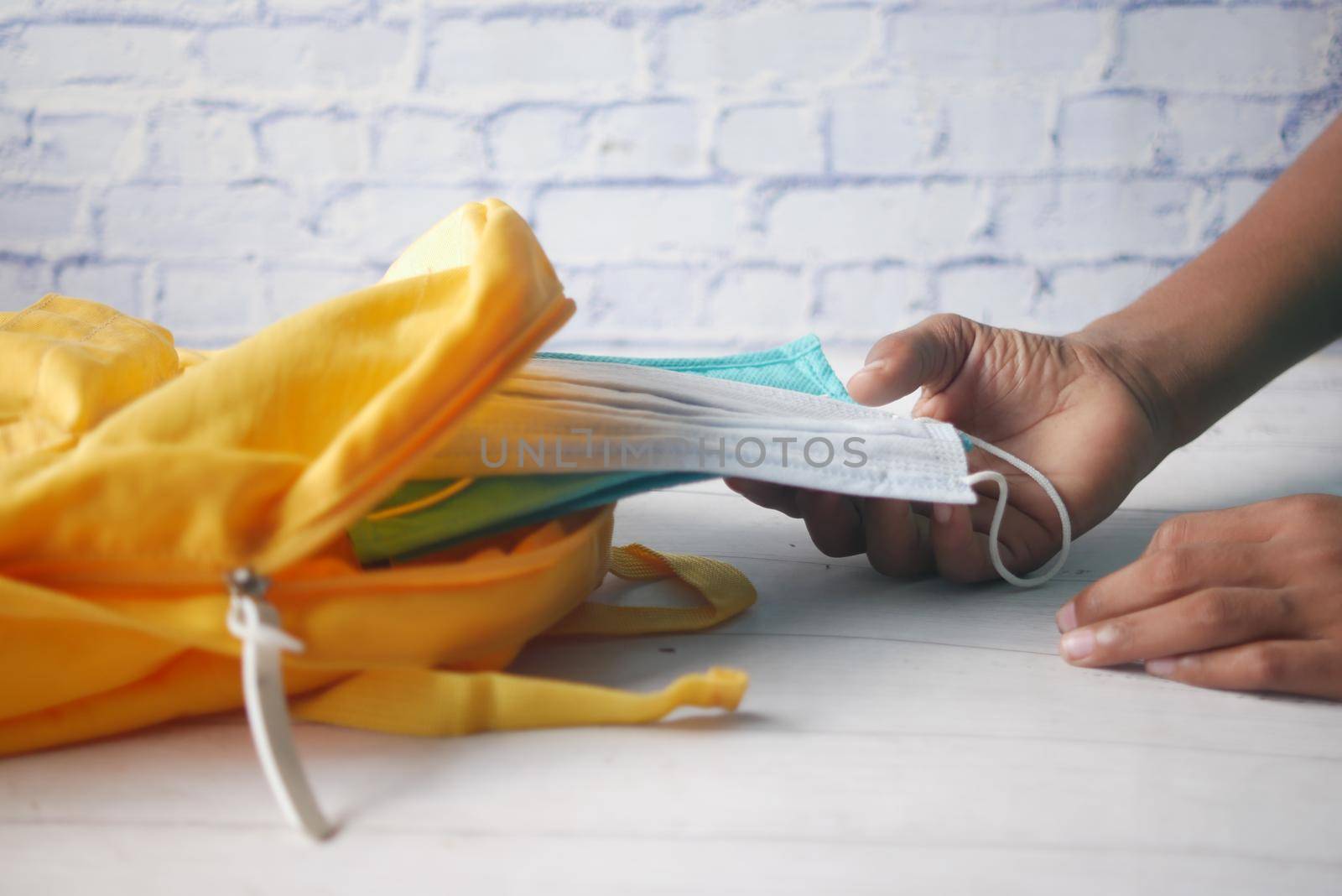 Student school bag pack with sanitizer, a face mask